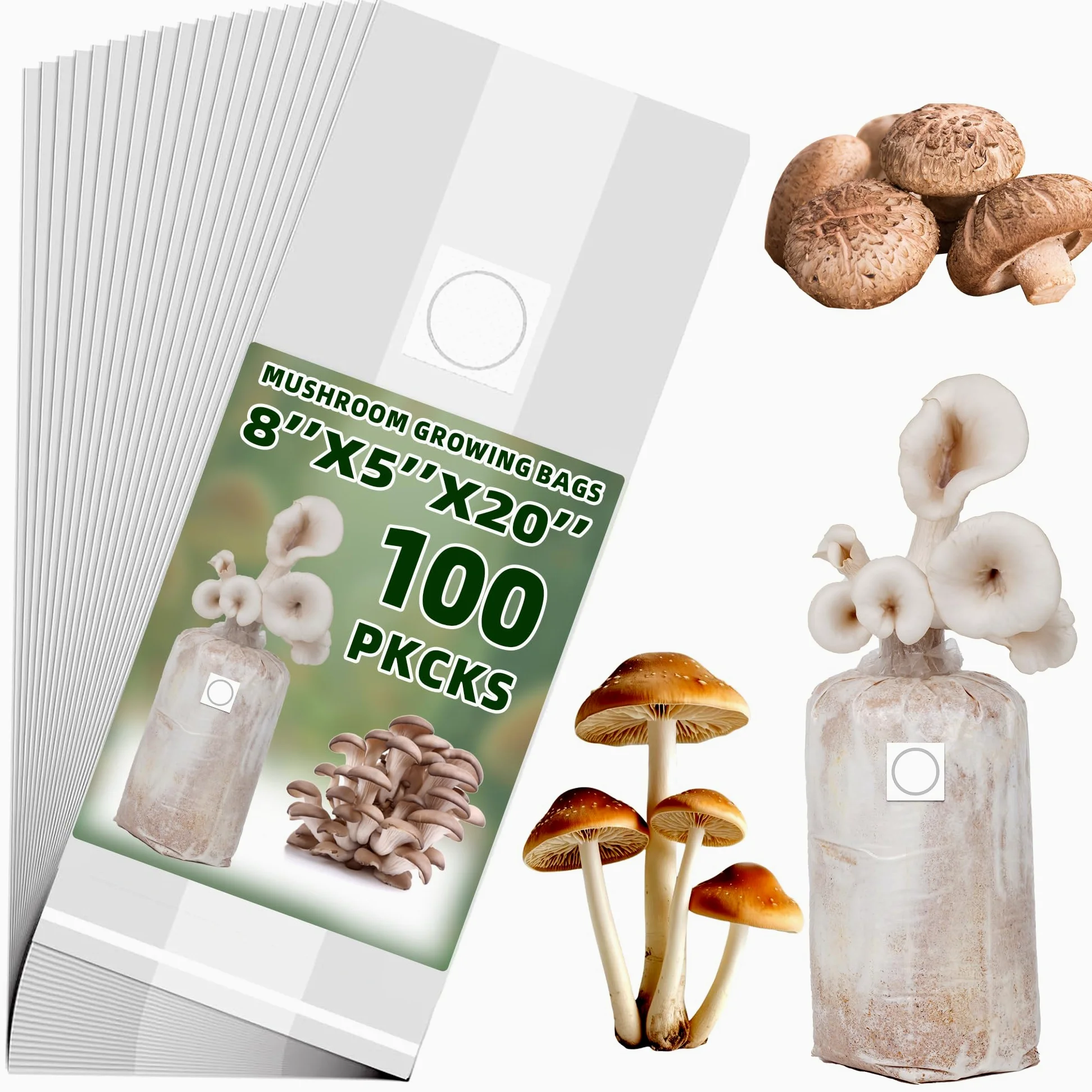 TonGass Paquete de 100 bolsas de cultivo de hongos autoclavables a granel con parches de filtro microporosos, grandes de 8 x 5 x 20 pulgadas, extra gruesas, 80 micras (= 3 mil) | Bolsa de sustrato a