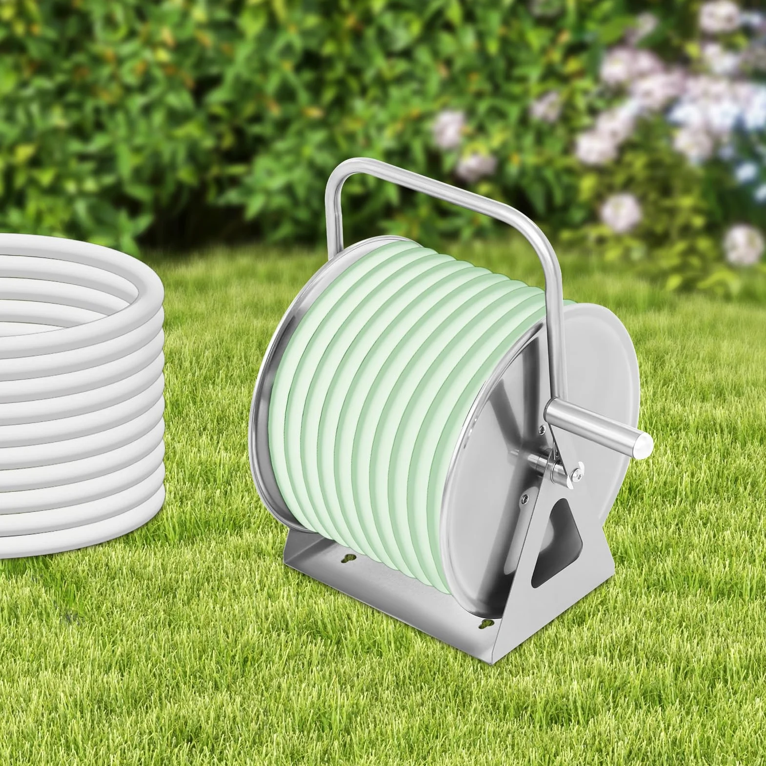 Carrete de manguera de jardín de 50 m de acero inoxidable, soporte para manguera de jardín, estante de almacenamiento con boquilla de latón para tubos de agua de 1,6 cm (manguera no incluida en