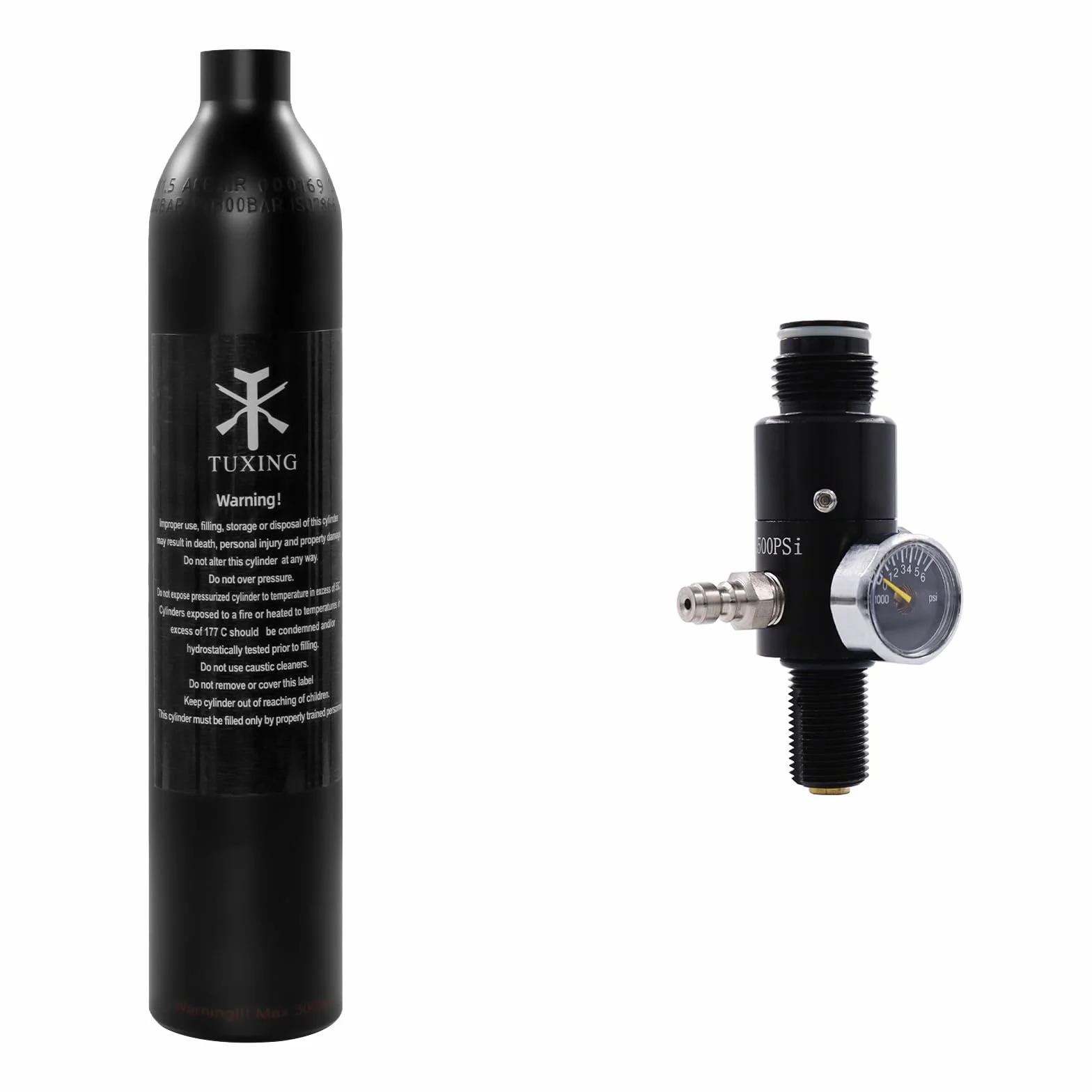 TUXING Depósito de paintball PCP 4500 psi 0.5 L CE Botella de aluminio con regulador, válvula, manómetro, presión de salida 2200 psi M18x1.5