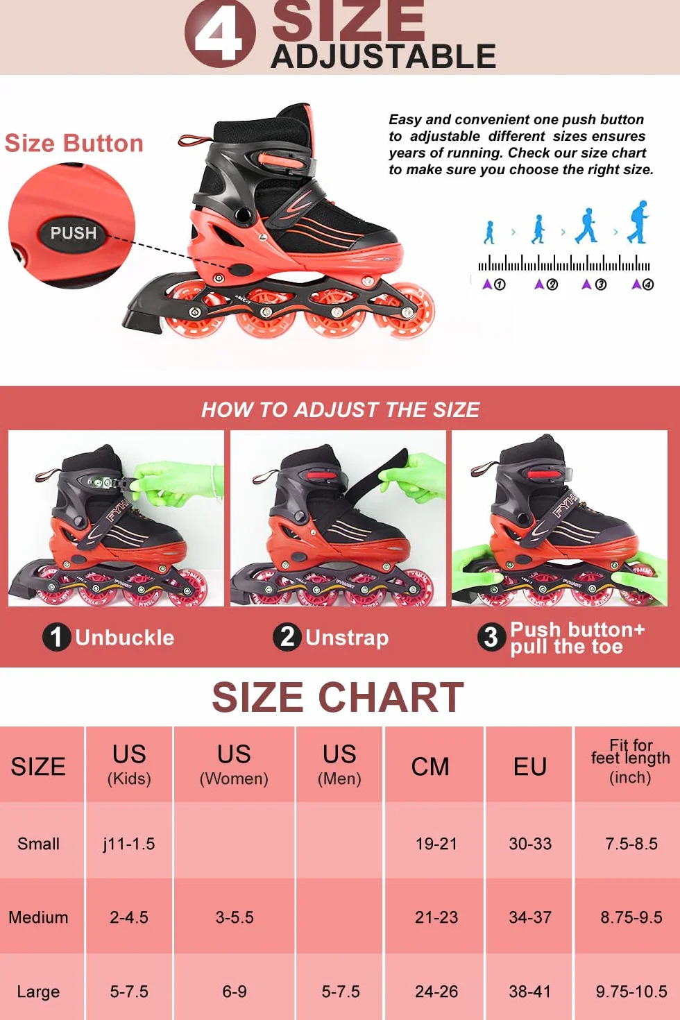 Patines en línea Ajustables para niños y adultos Interior Exterior Rojo
