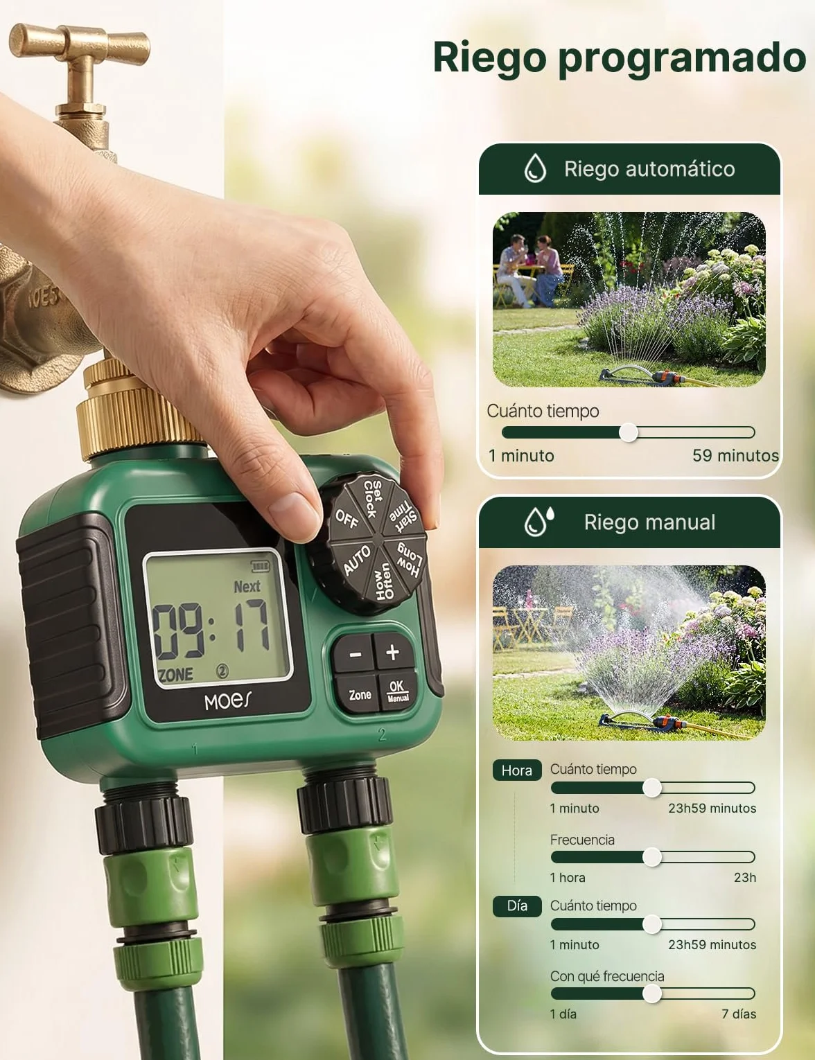 MOES Temporizador de riego con Entrada de latón, regulador de riego automático programable con Bloqueo de Lluvia y riego Manual, Temporizador de Manguera de 2 Zonas para jardín y césped