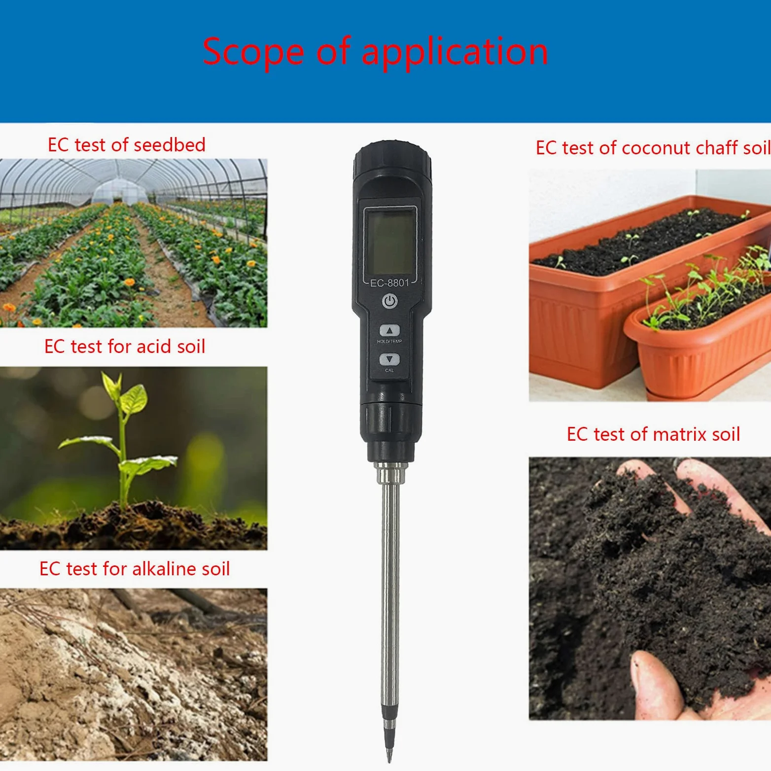 Medidor de salinidad del suelo con sonda larga, higrómetro profesional para macetas grandes, higrómetro agrícola, higrómetro para humidor de puros, termómetro de humedad interior y suelo Ec