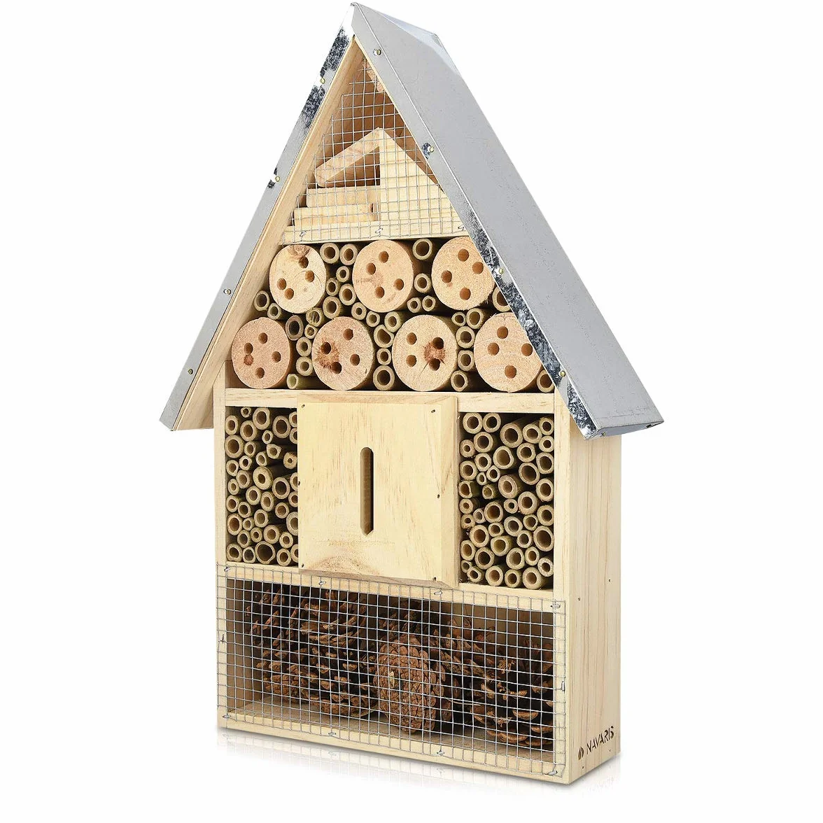 Navaris XL Hotel para Insectos de Madera - observatorio de Insectos 23 x 40 x 7 cm - casa Natural Cubierta metálica y Gancho para Diferentes bichos