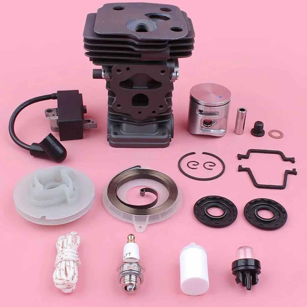 Kit de pistón de bobina de encendido de cilindro, for pieza de motosierra Husqvarna 445 445E, polea de arranque de retroceso, sello de aceite de resorte, bombilla de cebado de 42mm Kits de pist