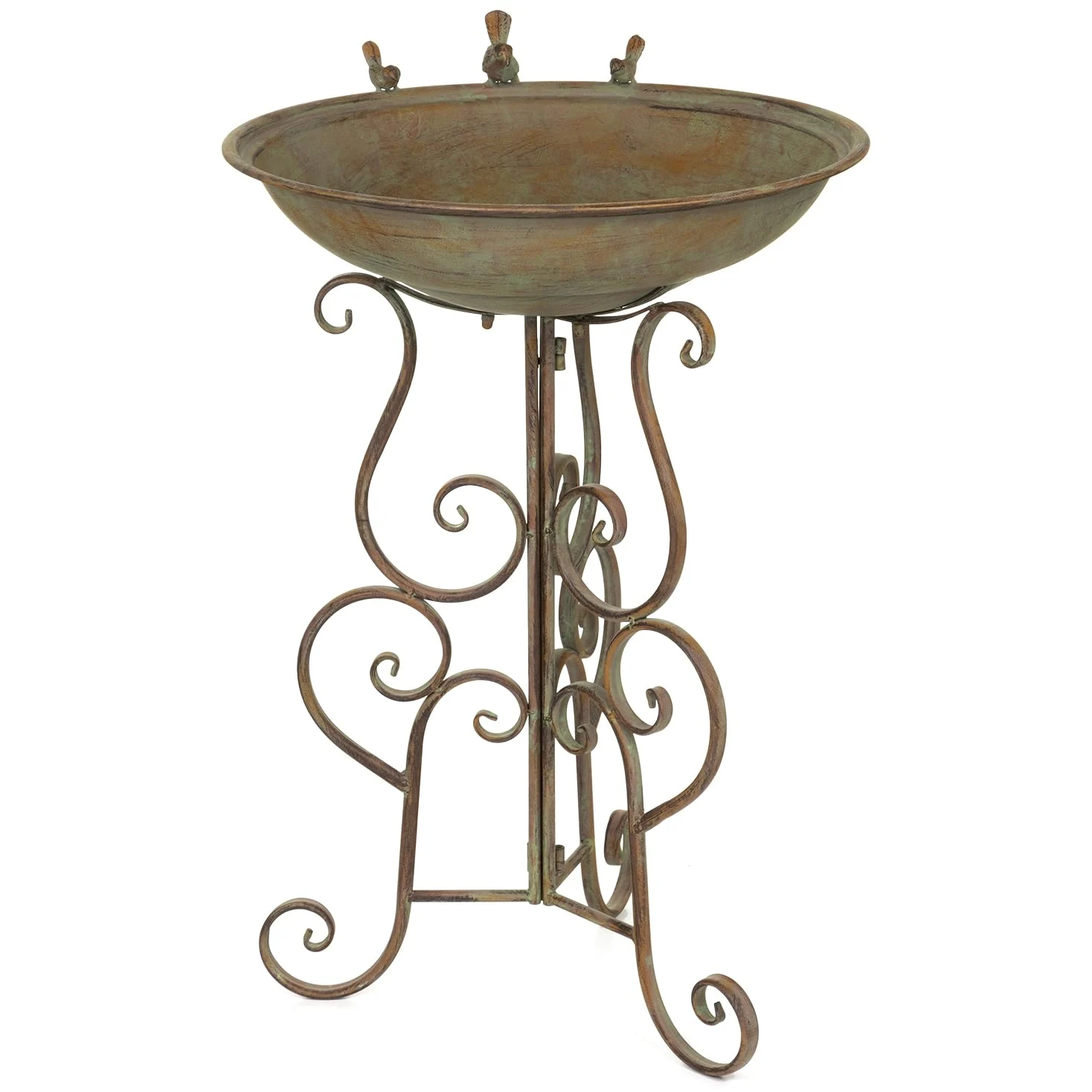 Bebedero decorativo para pájaros con base de metal, color verde y marrón, 78 cm de alto, diseño nostálgico, ideal para jardín y terraza, con adornos de pájaros, resistente y resistente a la intemperie