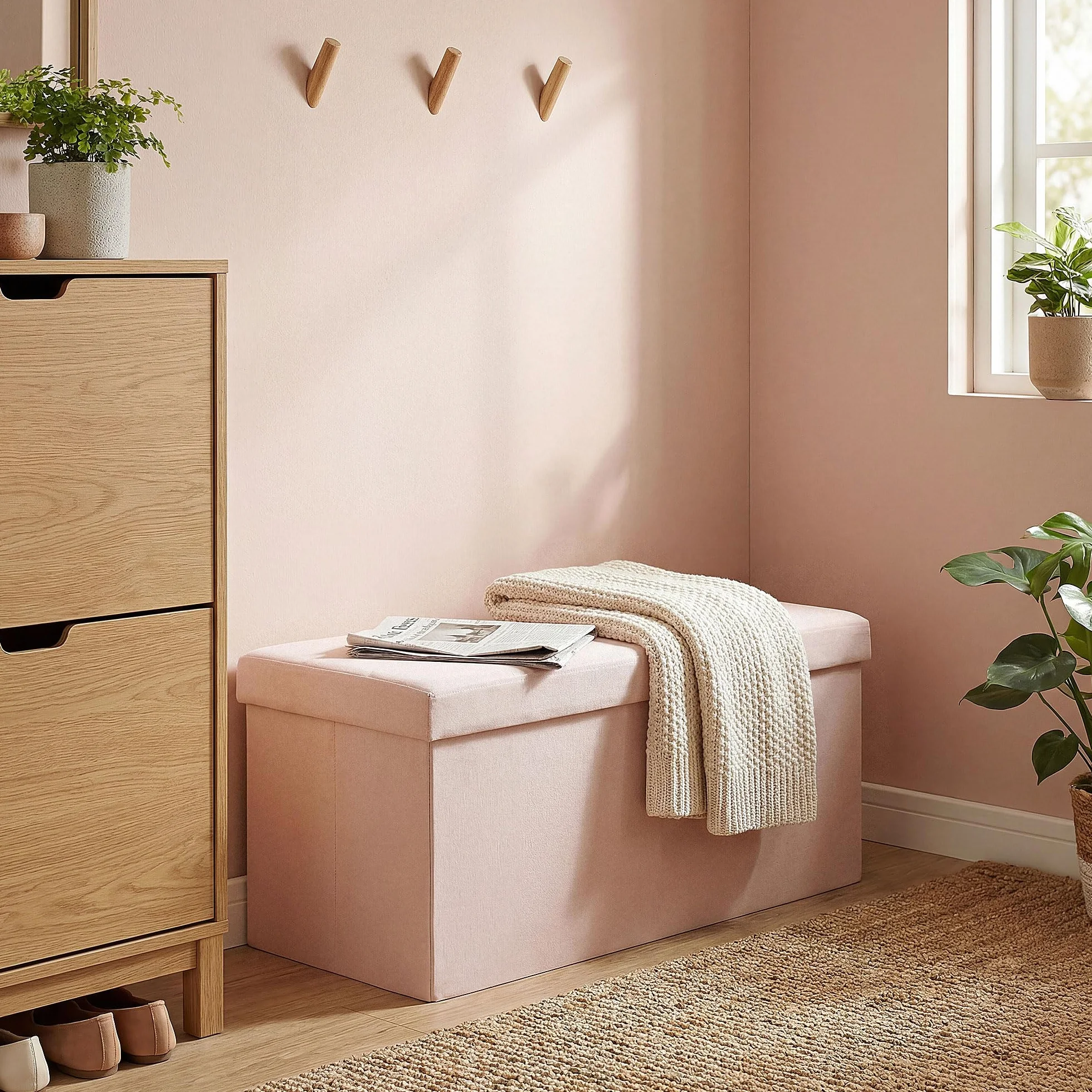 HOMCOM Puff Almacenaje, Banco Almacenaje Plegable, 84 L, 76x38x38 cm, Tapizado en Lino Sintético, Baúl de Almacenamiento, Carga 120 kg, Taburete para Sala de Estar, Dormitorio, Entrada, Rosa