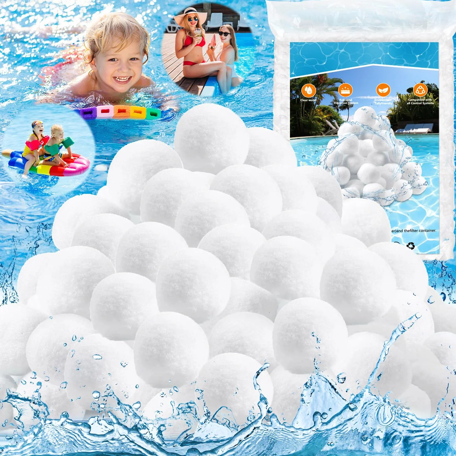 1200 g Bolas Filtro Piscina, Bolas Depuradora Piscina Bola de Filtro de Piscina para Sistemas de Filtro de Arena, Reemplaza 40kg Arena de Filtro, Limpiador de Piscinas Sistema de Filtro