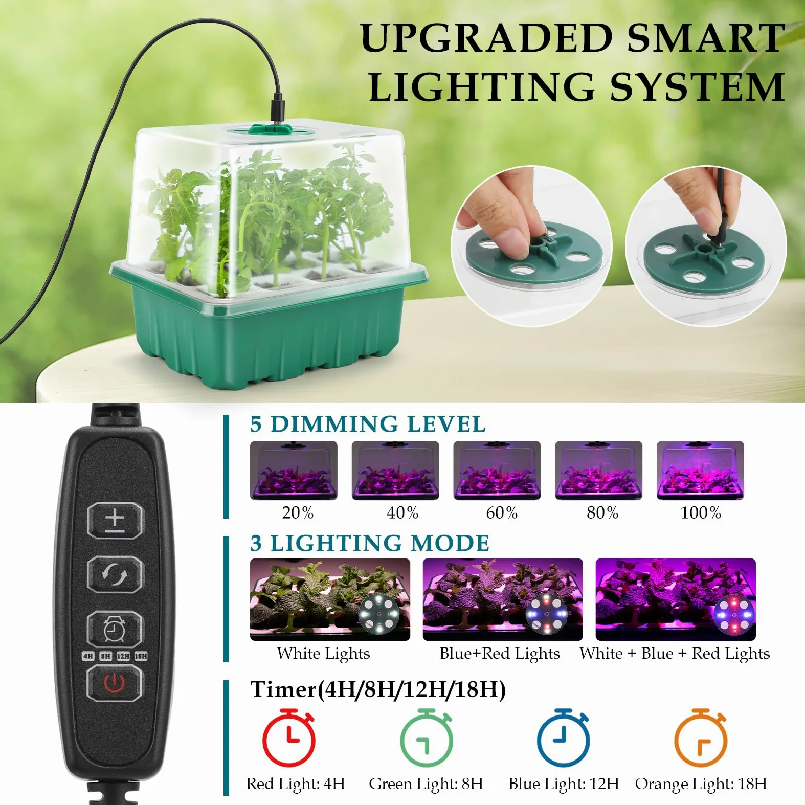 Bandeja de inicio de semillas con luz de crecimiento, 60 celdas flexibles, 5 piezas de kit de iniciación de semillas, bandejas reutilizables para inicio de plántulas con cúpula de humedad y tapa alta,