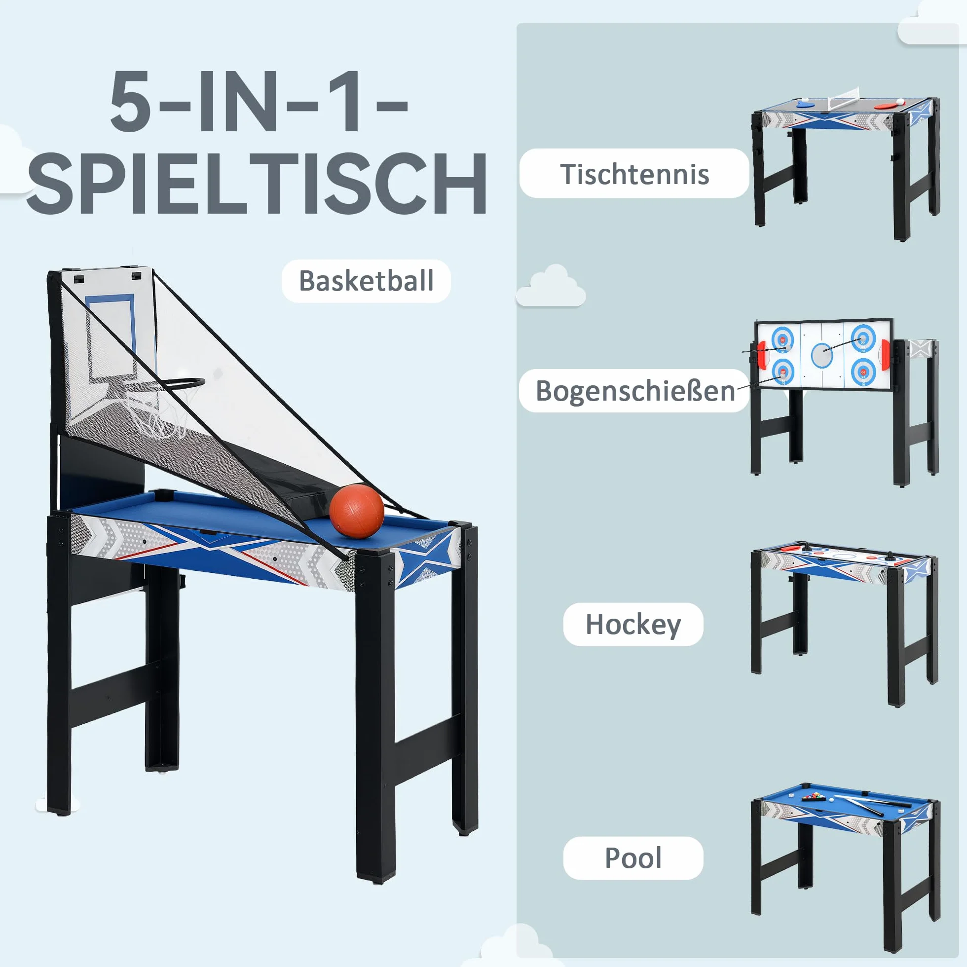 SPORTNOW Mesa de juego 5 en 1 91 x 45,5 x 76 cm con ping pong billar hockey baloncesto tiro con arco