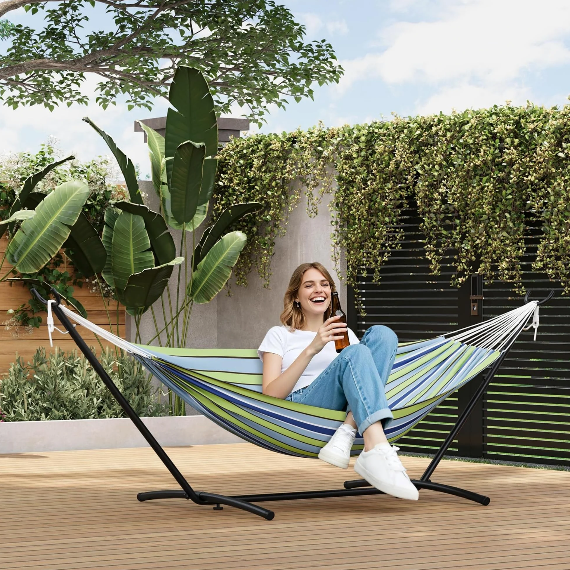 Hamaca al aire libre con soporte, hamaca portátil para patio, balcón jardín, hamaca doble pie para terraza de camping