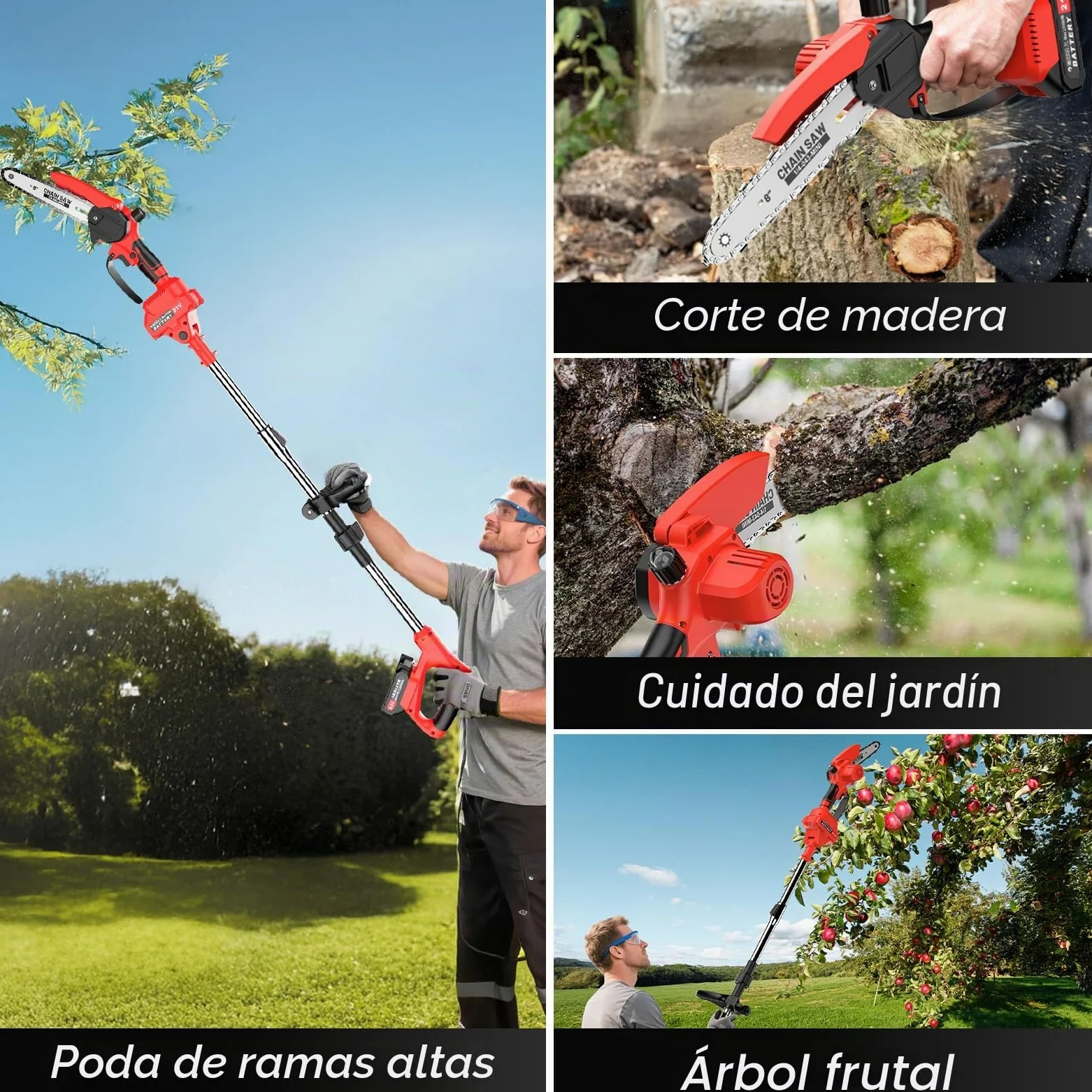 Motosierra Batería Sin Cable, 2 en 1 Mini Motosierra y Podadora de Pértiga, con 2 Baterías de 1500mAh, Sierra de Poda Telescópica Eléctrica, Guantes para Podar Arboles Patio de Jardín árboles, Rojo