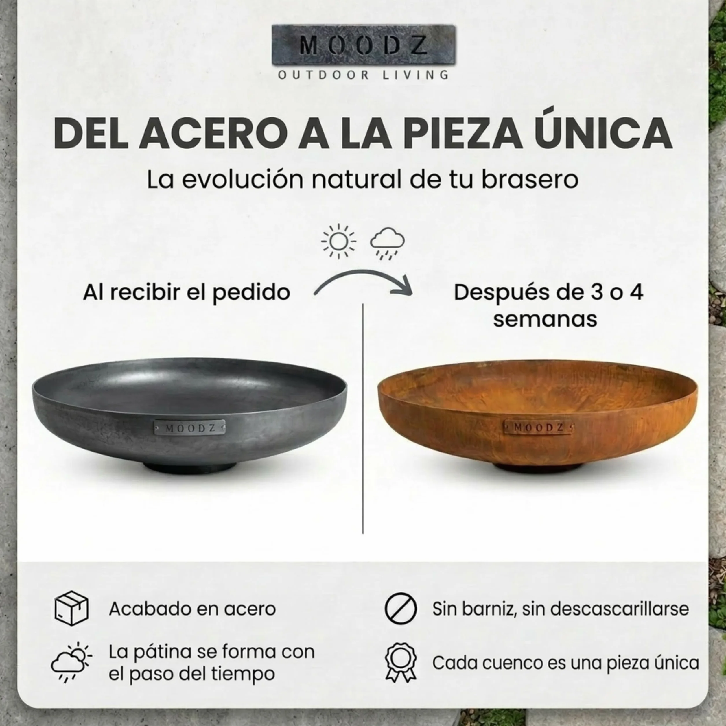 MOODZ Brasero de Exterior en Acero Corten Ø 100 cm - Pozo de Fuego Robusto de 3 mm de Espesor - Fogón de Jardín Resistente a la Intemperie - Gran Cuenco de Fuego para Terraza y Patio