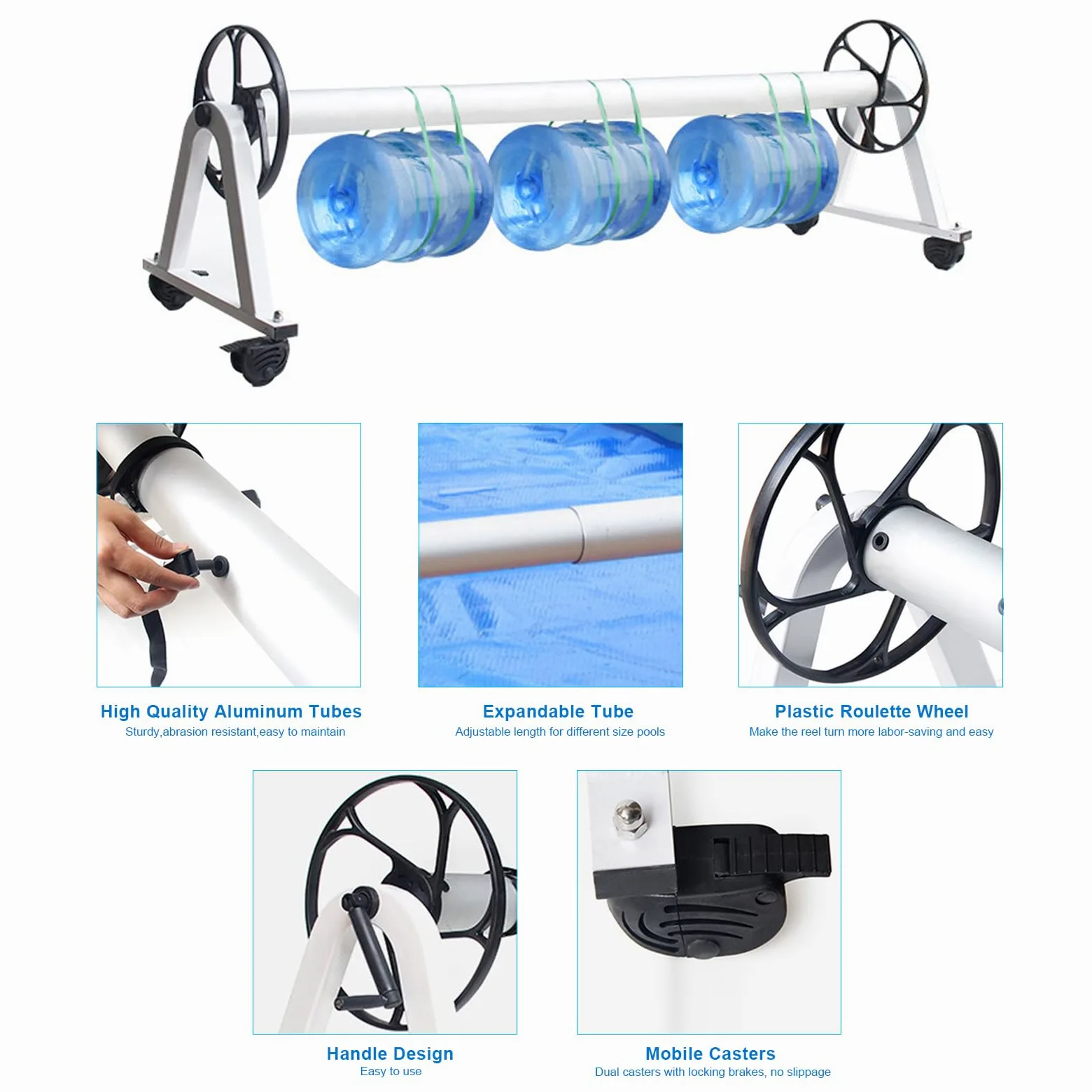 Carrete de piscina para cubiertas, rodillo telescópico de aluminio con ruedas y manivela para mantas solares, compatible con piscinas enterradas y sobre el suelo