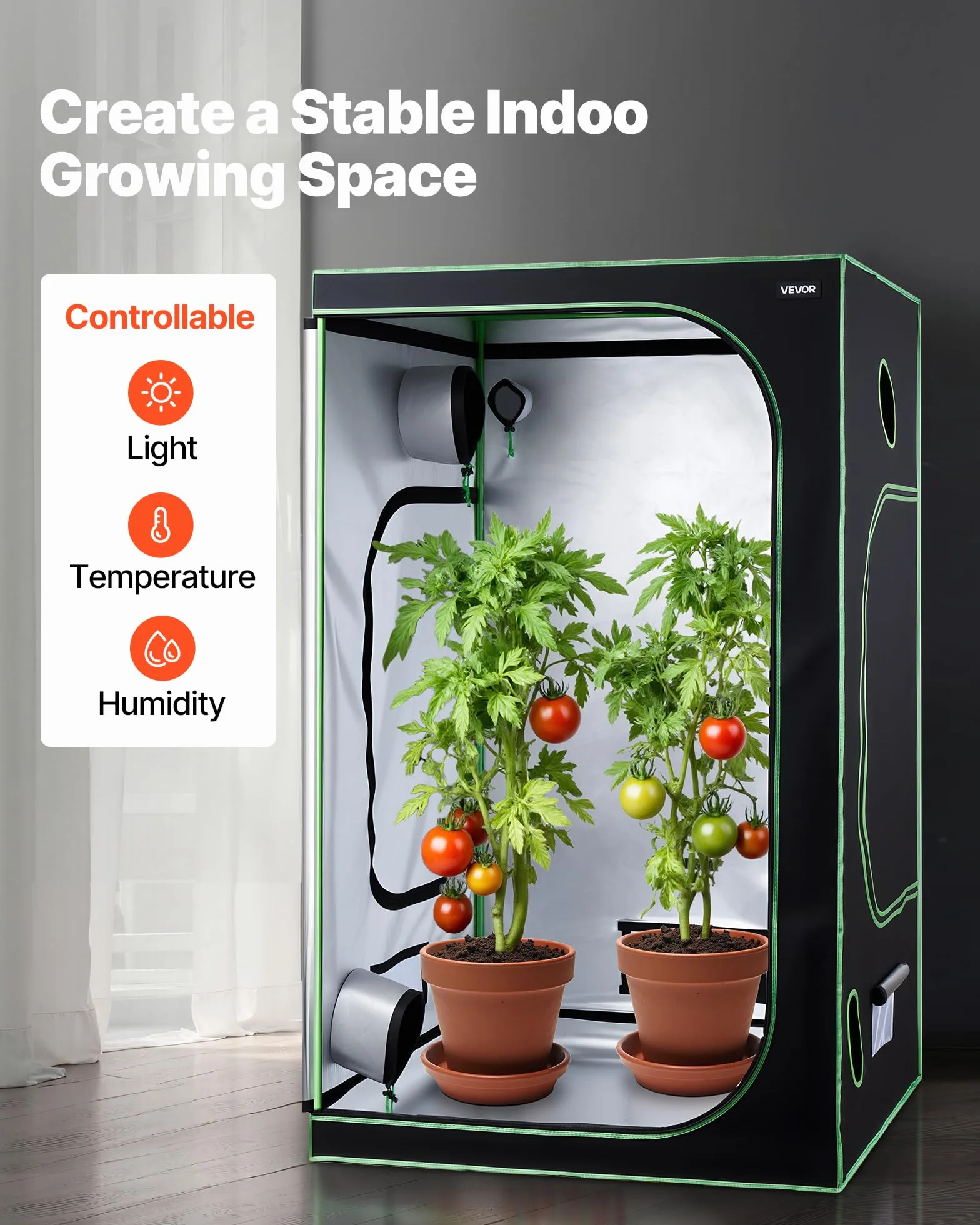 VEVOR Armario de Cultivo Interior 120x120x200 cm, Carpa de Cultivo con Ventana de Observación, Bandeja de Suelo y Cremallera, Mylar 600D de Alta Reflectancia, Tienda para Plantas, Flores, Verduras