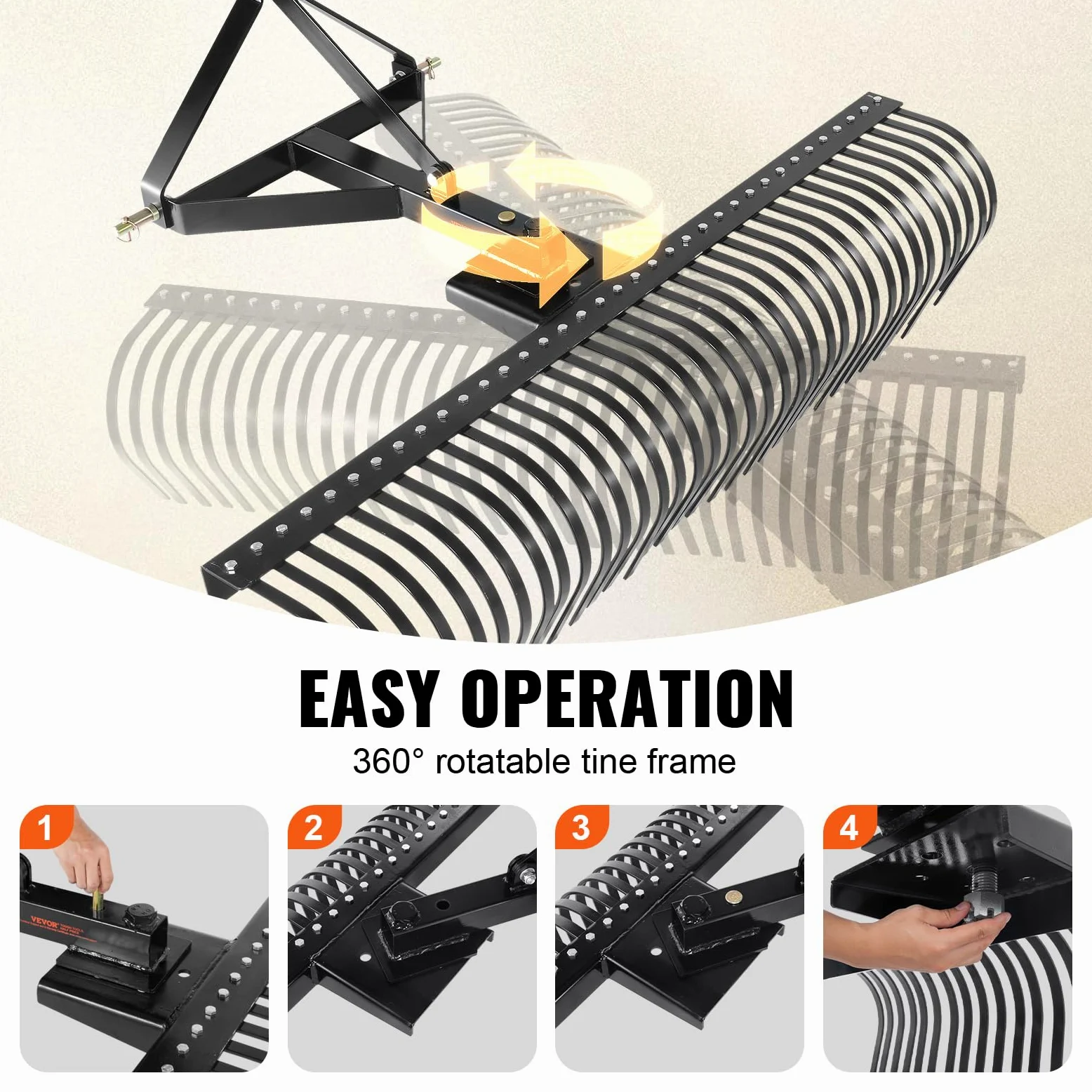 VEVOR Remolque detrás de la Escarificadora, 759,5 x 678,2 x 482,1 mm con 36 Púas de Acero, Rastrillo de Césped de 3 Puntos con Accesorios para Tractor, Rastrillo de Paisaje para Jardín, Granja, Césped