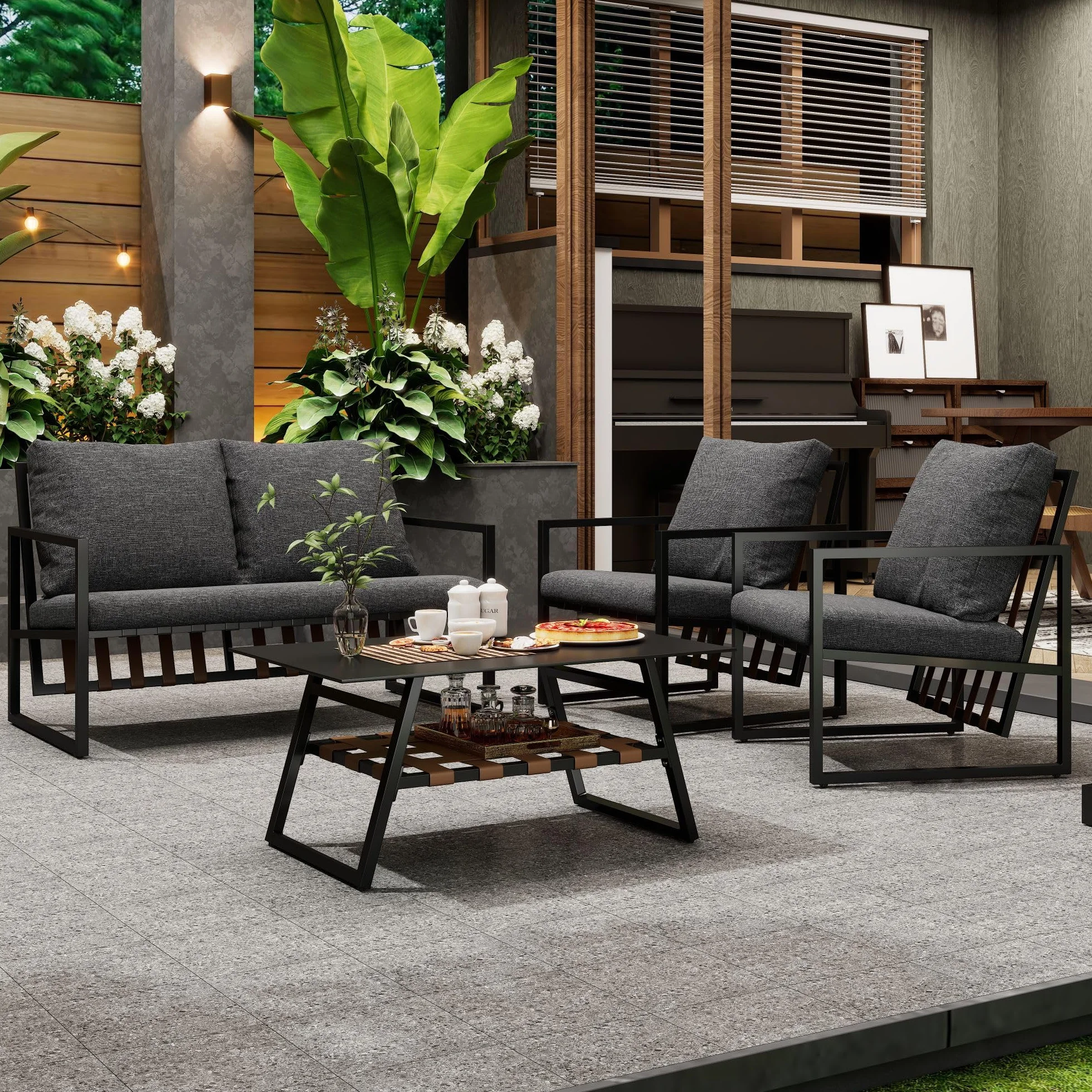 Moimhear Juego de sofá de 4 piezas para exteriores, mesa de café con capa de almacenamiento, tubo de acero galvanizado, diseño de correa de PVC, mesa de cristal templado, cojines extraíbles y lavables