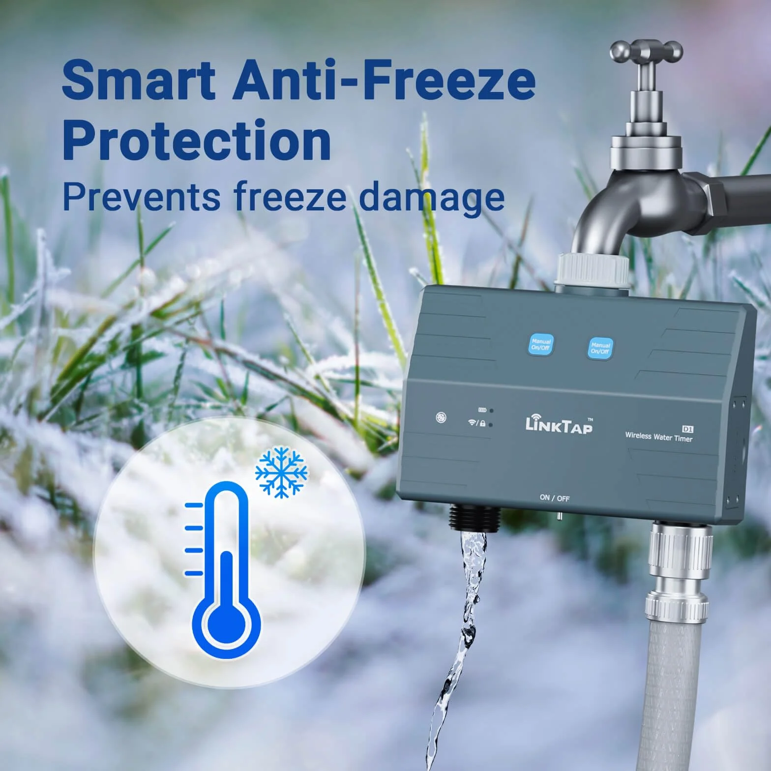 LinkTap D1 Programador Riego Inteligente con Gateway, 2 Zonas Separadas, Medidores de Flujo Integrados, Adaptable al Clima, Rango Más Amplio Que WiFi, Detección de Fallos en Tiempo Real, IP66