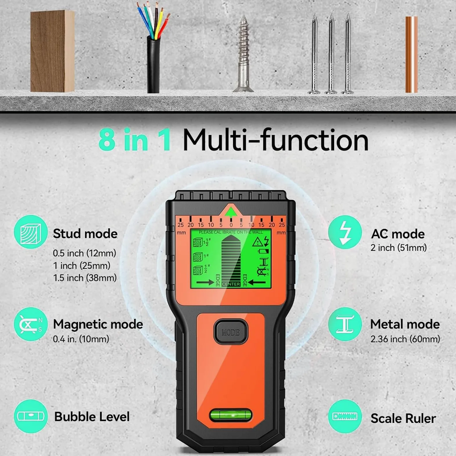 Escáner de pared 8 en 1, detector de pernos con pantalla LCD y alarma de audio, detector de cables para pared, madera, alambre de CA, metal, vigas de cable, detección de tuberías (naranja)