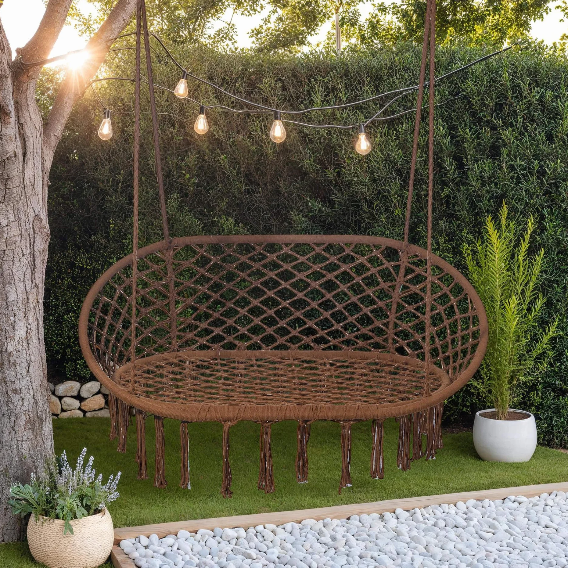 Rebecca Mobili Sofá mecedora de 2 plazas, silla colgante relax, marrón, policotón, acero, 2 plazas, para jardín, sala de estar – Dimensiones (alto x ancho x profundidad): 150 x 130 x 70 cm - Art