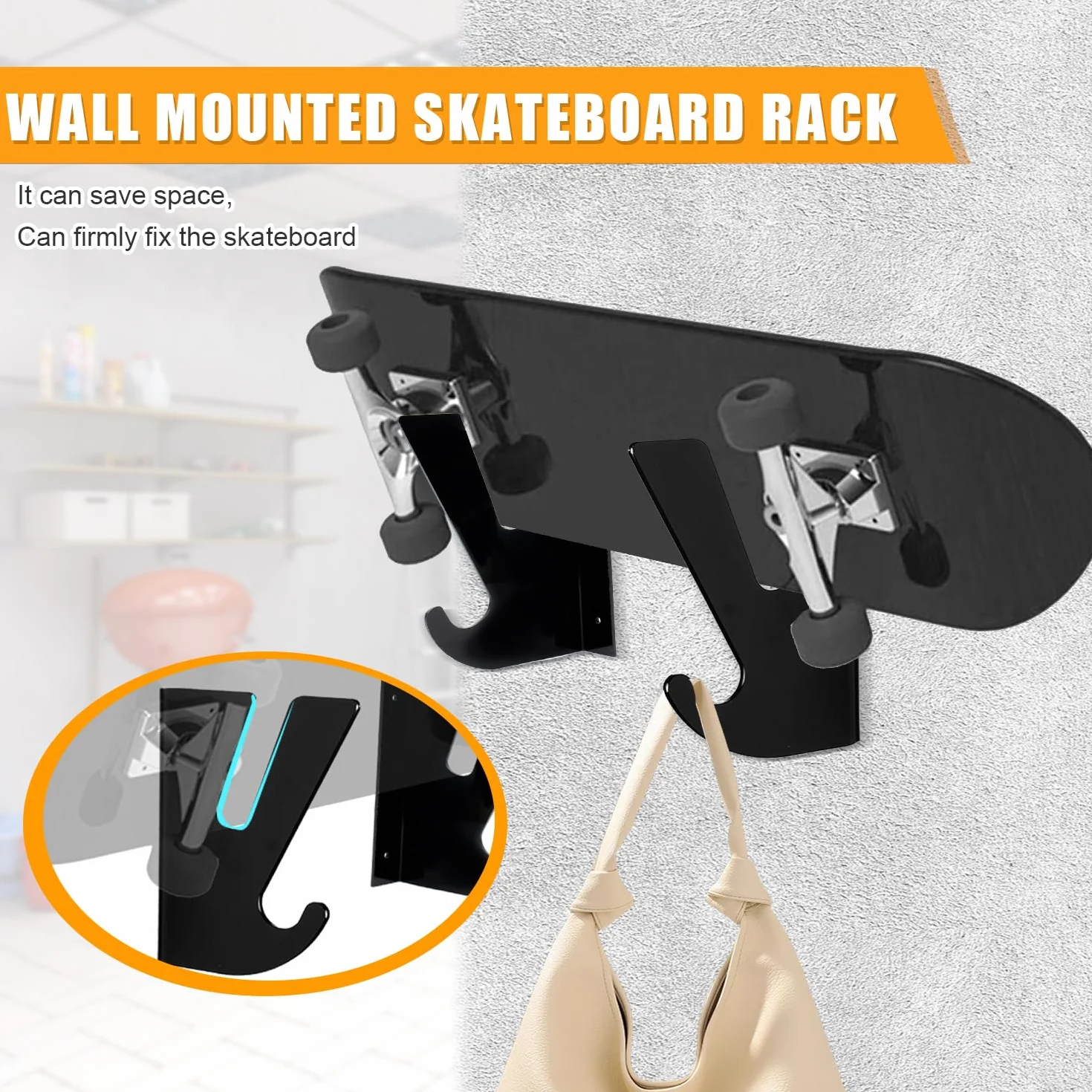 Soporte Pared Skateboard Acrílico 2 Piezas Negro para Monopatín Longboard Snowboard