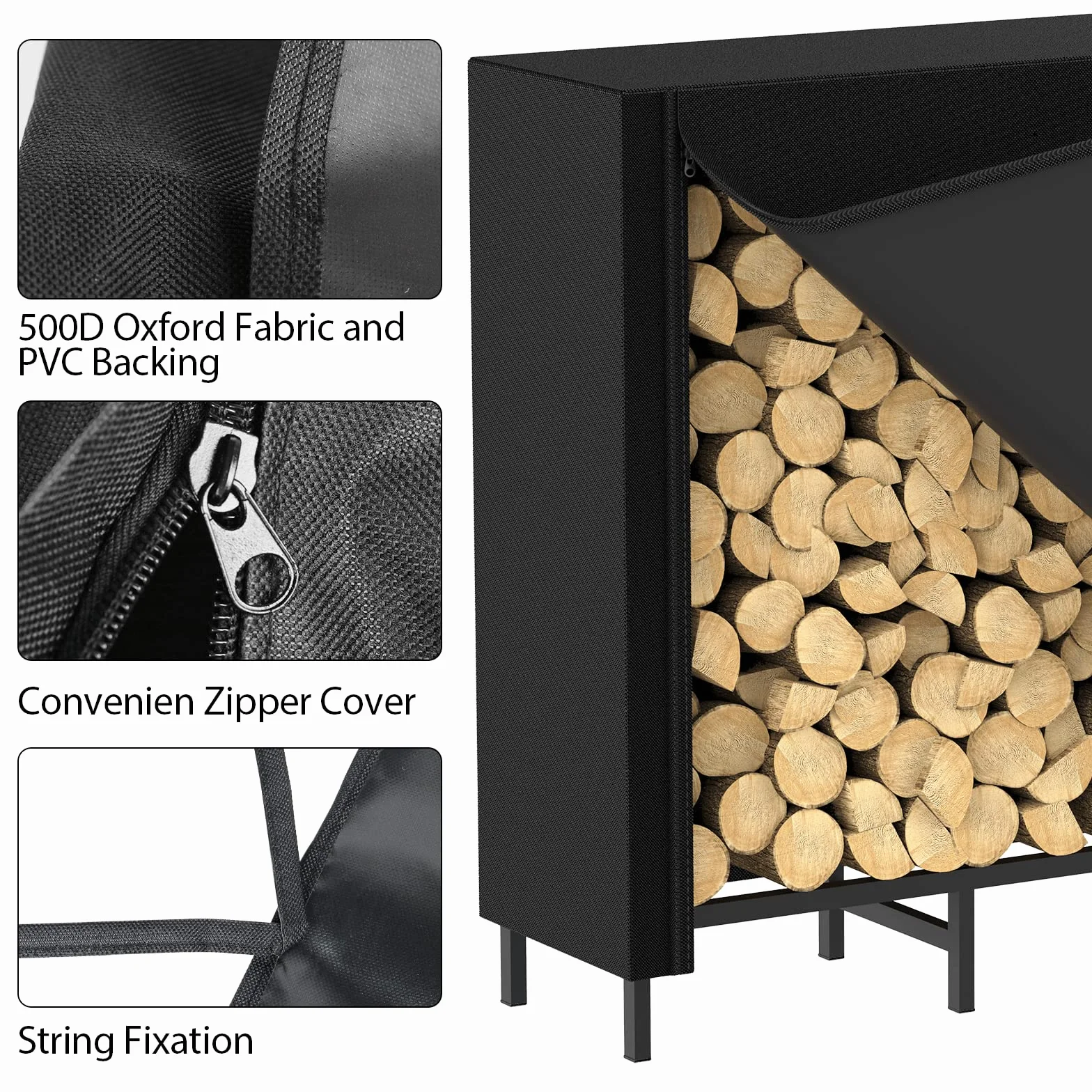 Estante de leña para Exteriores con Cubierta, Estante de leña de 5.5 pies para Chimenea, Almacenamiento de leña, Soporte de leña para Interiores, Ajustable, Resistente, Tela Oxford Impermeable Negra