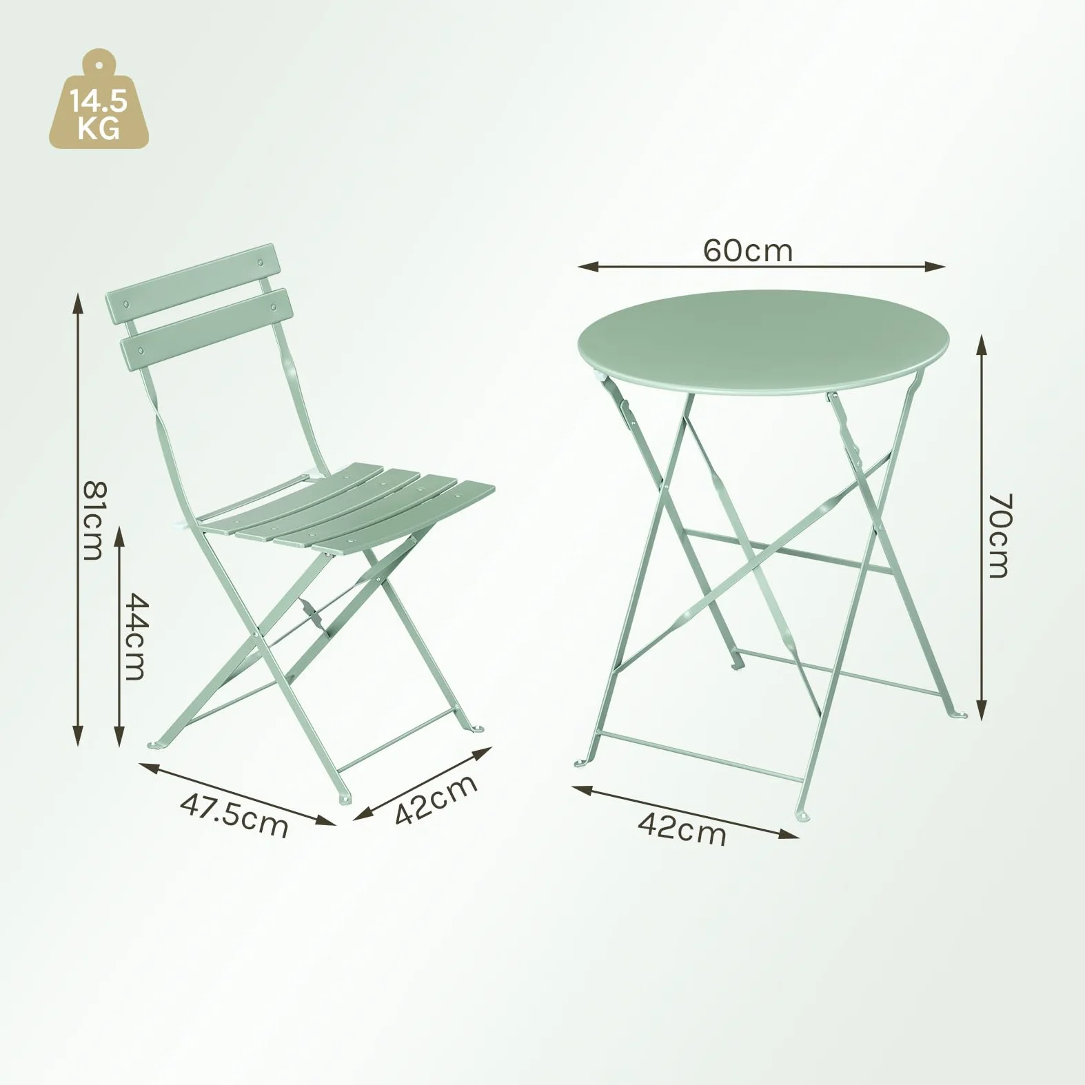 eSituro Conjunto Muebles Jardín, Mesa y 2 Sillas Plegables de Terraza, Muebles para Bistró, Balcón, Patio y Exterior, Metal Resistente, Verde