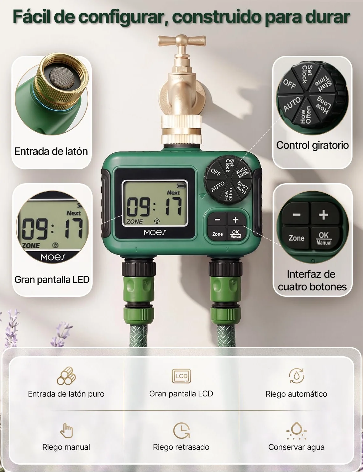 MOES Temporizador de riego con Entrada de latón, regulador de riego automático programable con Bloqueo de Lluvia y riego Manual, Temporizador de Manguera de 2 Zonas para jardín y césped
