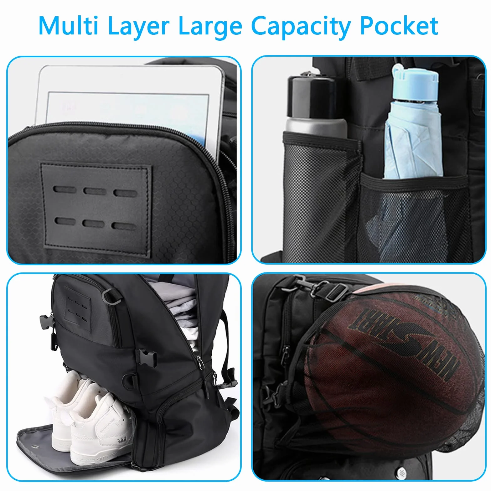 Aisny Bolsa de Baloncesto 30x20x49cm Mochila de Fútbol con Compartimiento para Balones y Zapatos