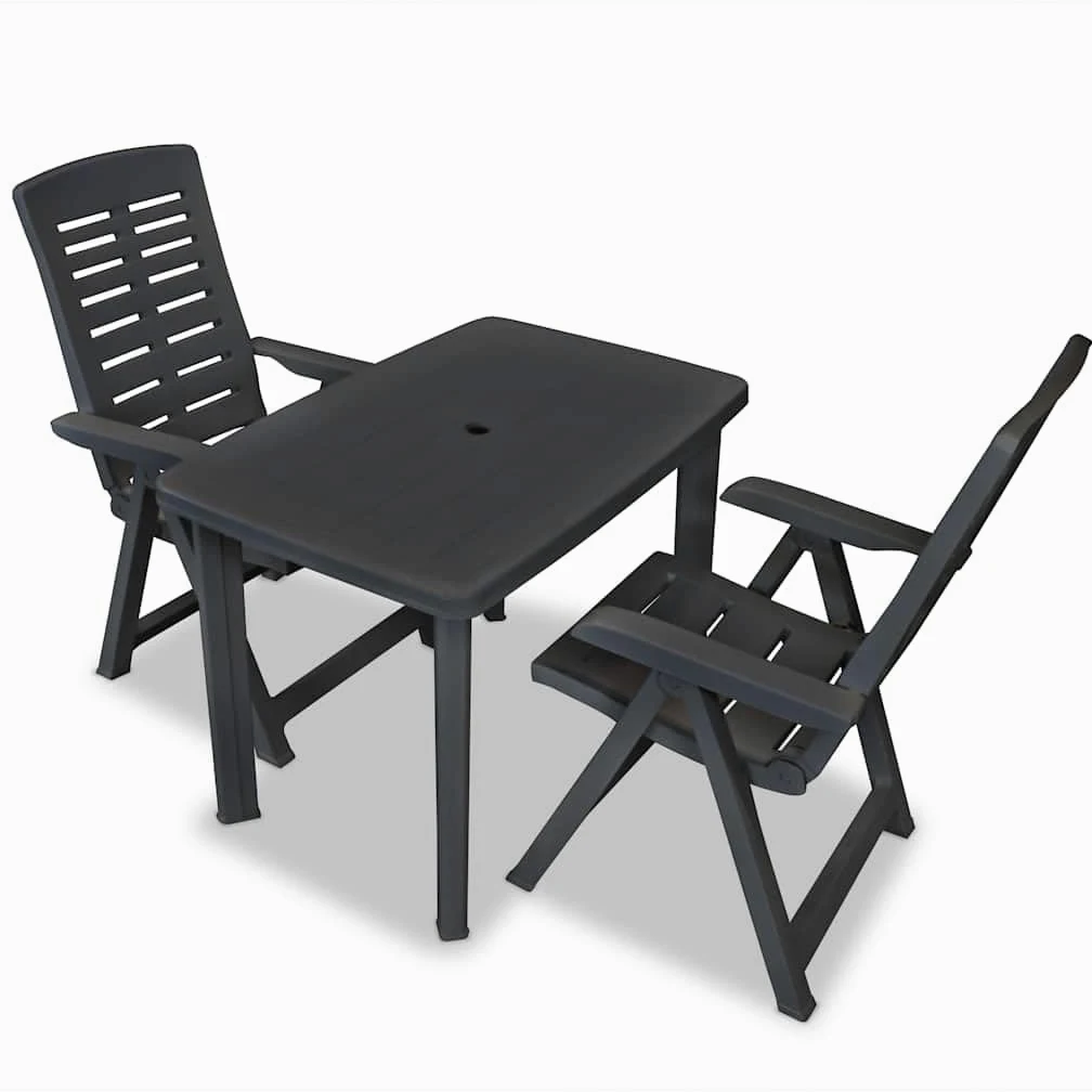 Set Mesa Y Sillas Jardin 3 Piezas Plastico Gris Antracita | Respaldo Reclinable 4 Posiciones, Plegable Ligero, Agujero Para Sombrilla, Max 110 Kg Por Asiento