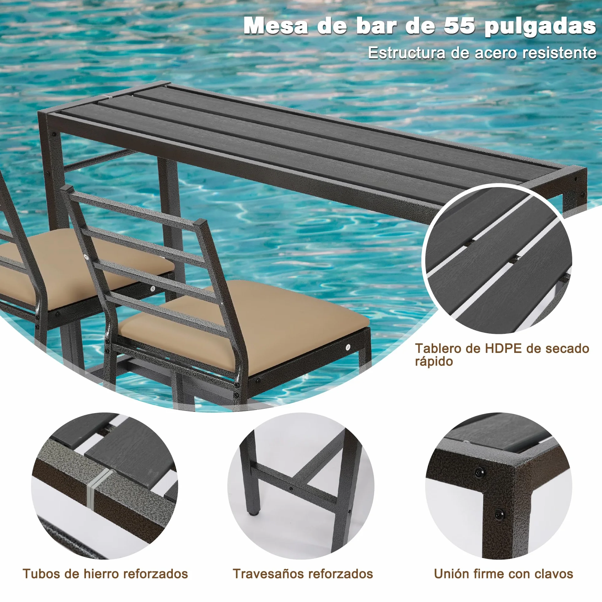 Juego de Comedor y Bar para Patio de 3 Piezas, Mesa Rectangular Resistente de 140 cm de Altura con 2 taburetes Acolchados, Mesa y sillas de Metal para Patio, Porche, bistró o balcón.