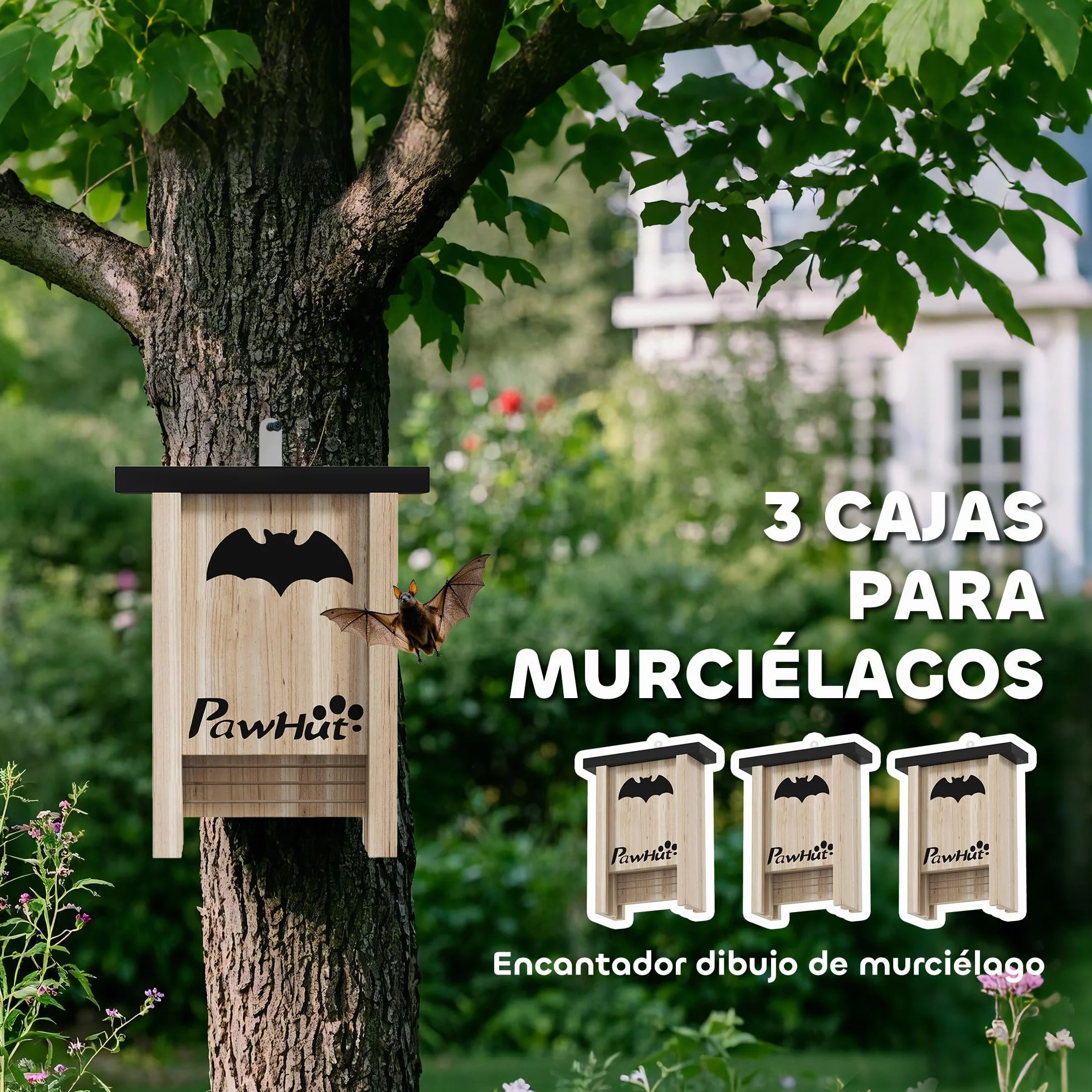 PawHut Pack de 3 Casas para Murciélagos de Madera Maciza, Cajas para Murciélagos, Resistente a la Intemperie, para Exterior, Jardín, Huerto o Granja, con Plataforma de Aterrizaje, Fácil de Colgar