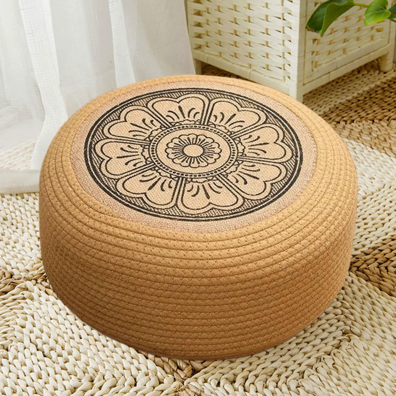 Puff de Ratán Tejido - Reposapiés para Terraza con Cojín Tatami