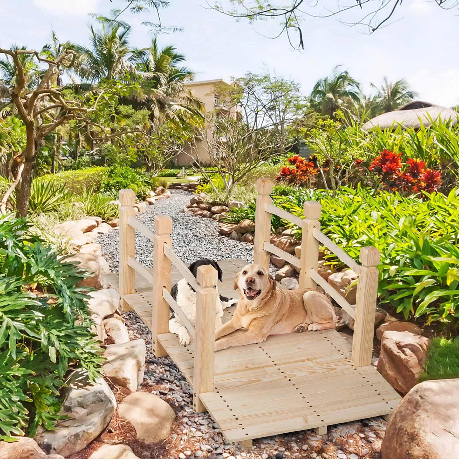 RELAX4LIFE Puente de Madera con Barandilla, Puente CE Jardín, Madera CE Abeto, Puente para Estanque, Carga 100 kg, Puente Decorativo Estable y Duradero, 150 x 67 x 55 cm (Natural)