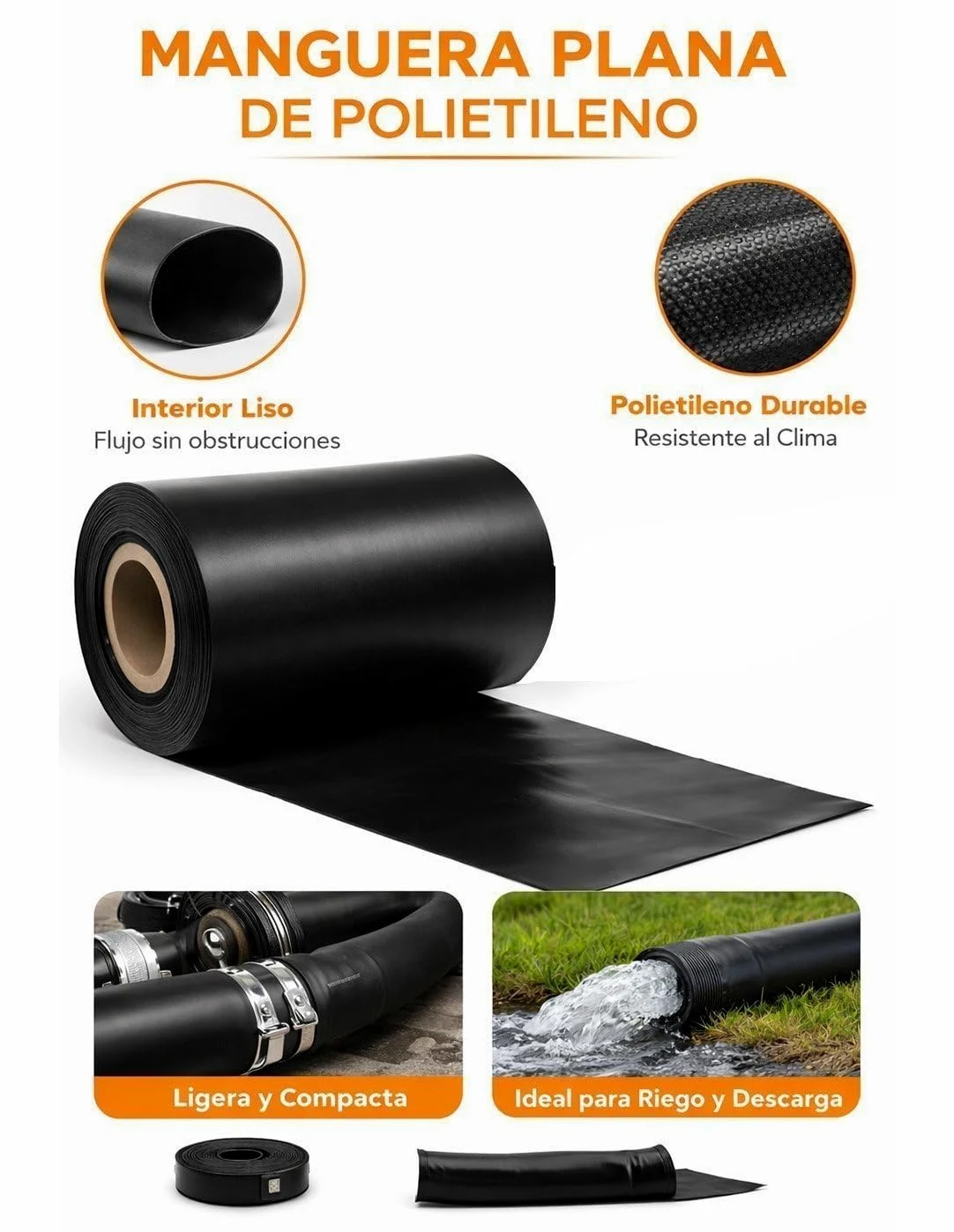 JARDIN202 - Manguera Plana Plastocanal Negra 1500 Galgas | Riego por Gravedad y Trasvase | Resistente | Agricultura | Rollos 50m | 250mm