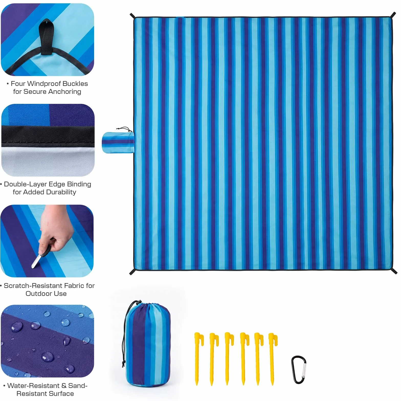Manta de Picnic Impermeable 213 x 213 cm, Manta de Playa sin Arena, Manta Picnic con 4 piquetas y mosquetones, para Familia, jardín, Senderismo, Rayas Azules