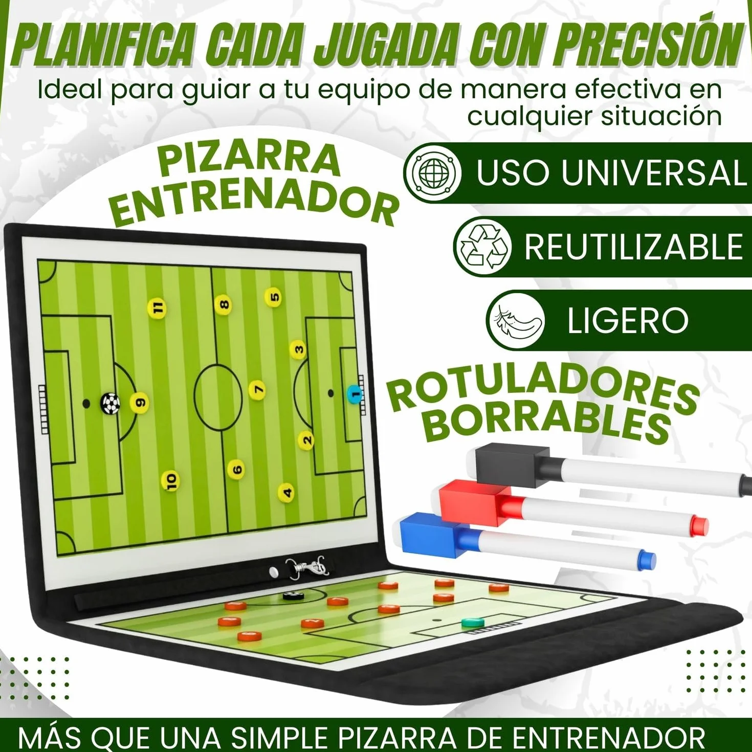 Pizarra Fútbol Entrenador 44 Fichas 3 Rotuladores Negro Azul Rojo Carpeta Entrenamiento