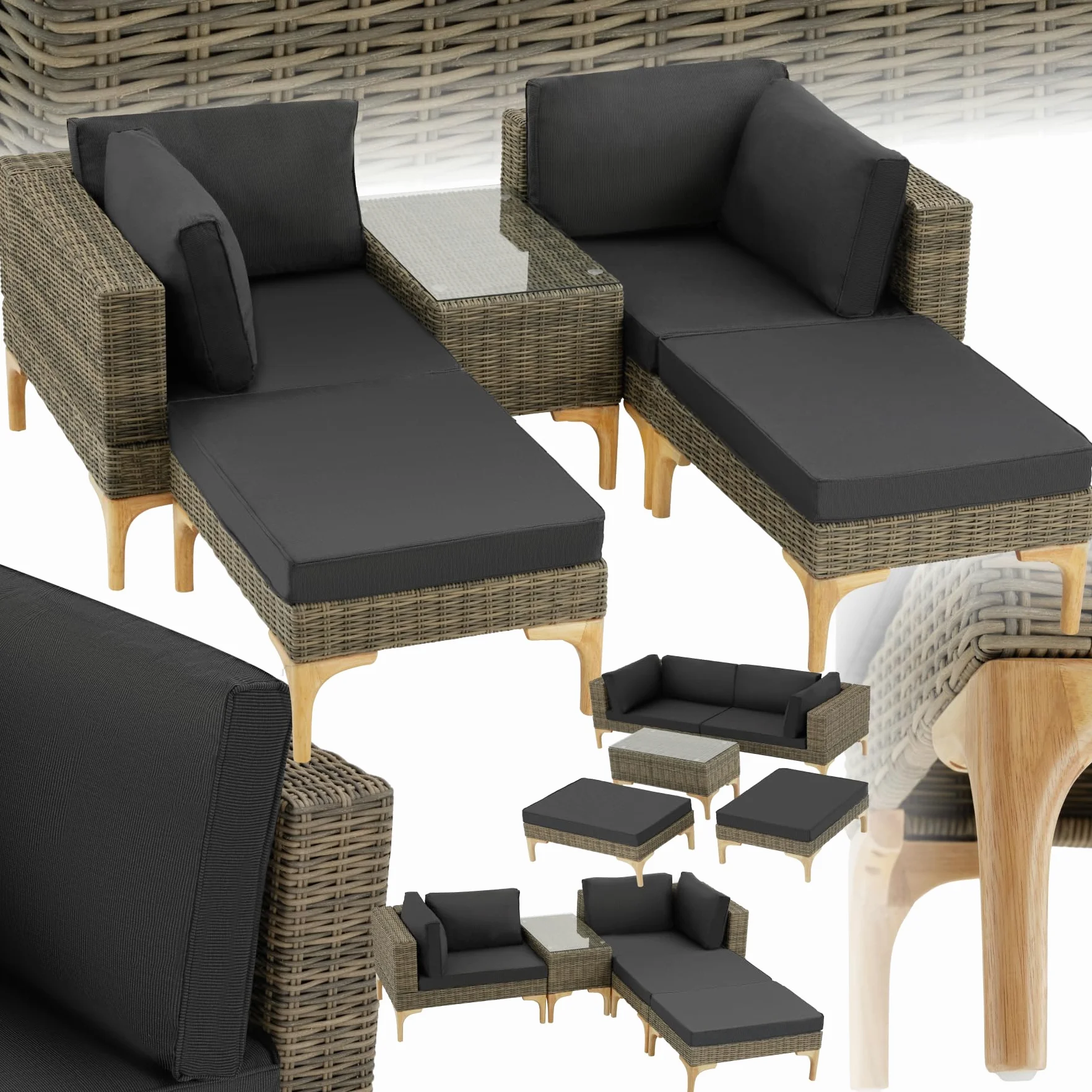TecTake® Conjunto Jardín en Ratán y Aluminio con Cojines, Conjunto Terraza Resistente a la Intemperie, Muebles Jardín Exterior 2 Sillones, 2 Taburetes, 1 Mesa con Cristal, Fundas Extraíbles - Natural