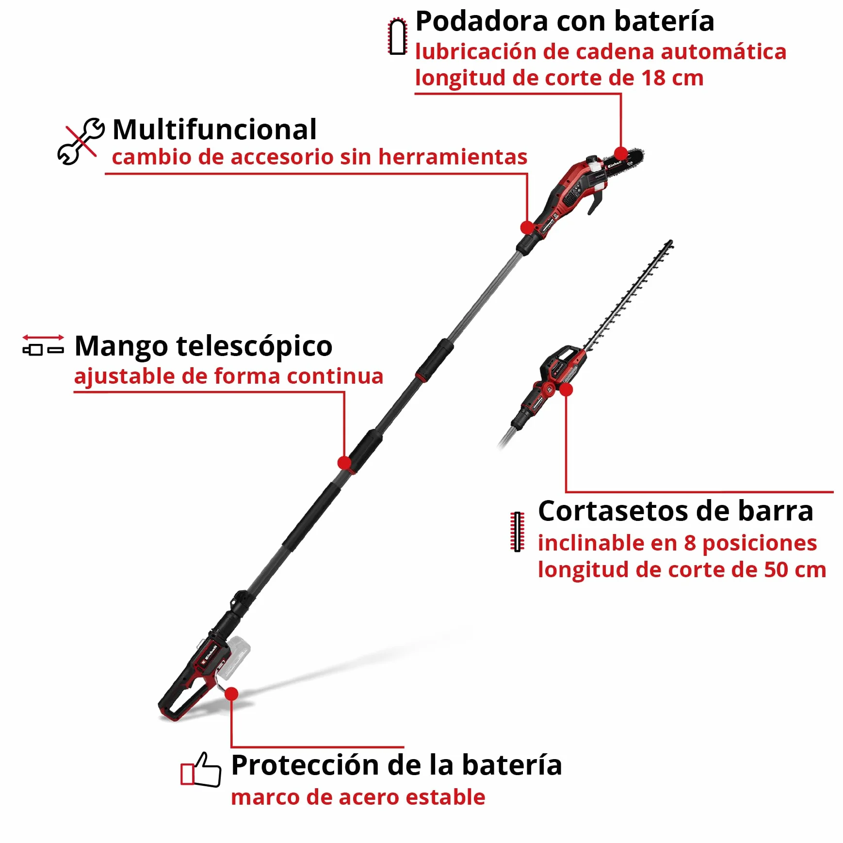 Multiherramienta con batería GP-HC 18/5020 Li T BL-Solo Einhell Professional Power X-Change (18 V, Brushless, Cortasetos de 50 cm, podadora de 18 cm, Mango telescópico, sin batería)