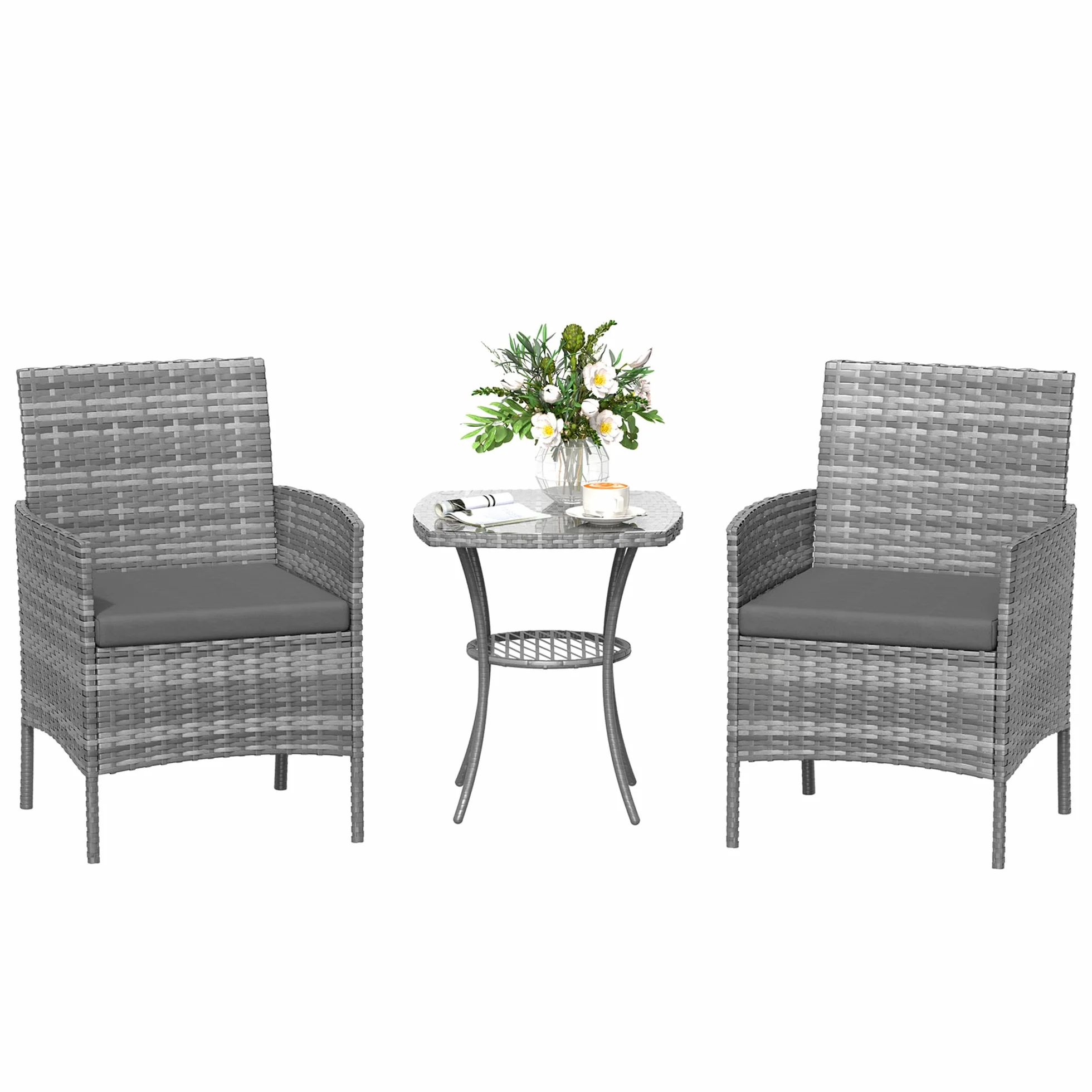 Amopatio Conjunto Muebles Jardín Ratán 3 Piezas, 2 Sillones con Cojines y Mesa de Centro, Sofá Exterior Terraza con Vidrio Templado, para Terraza, Patio y Balcón Colores: Gris