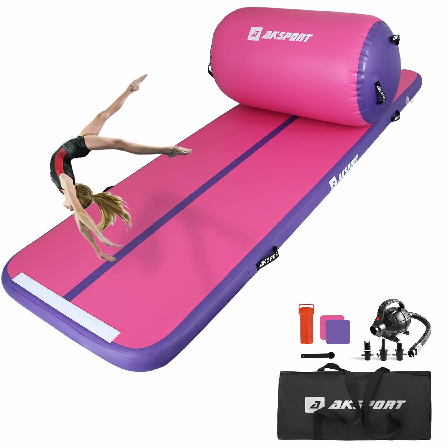 AKSPORT Airtrack con Air Roll 3 m Esterilla hinchable gimnasia con rodillo bomba aire