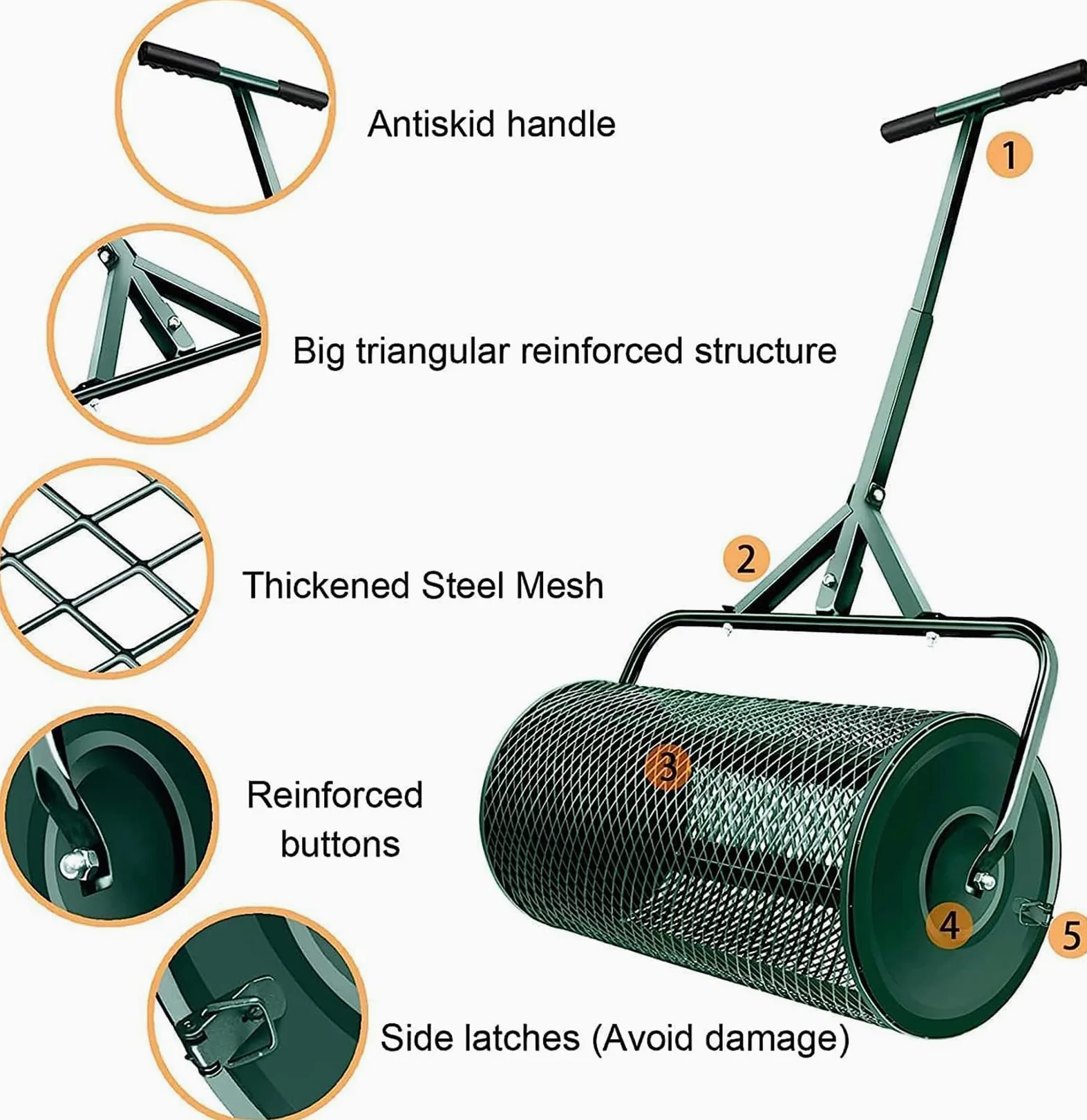 Esparcidor de abono de jardín con mango largo, cesta de malla de metal para césped y césped, fertilizante eficiente para abono y esparcidor de semillas, 40 x 60 cm, ideal para jardineros