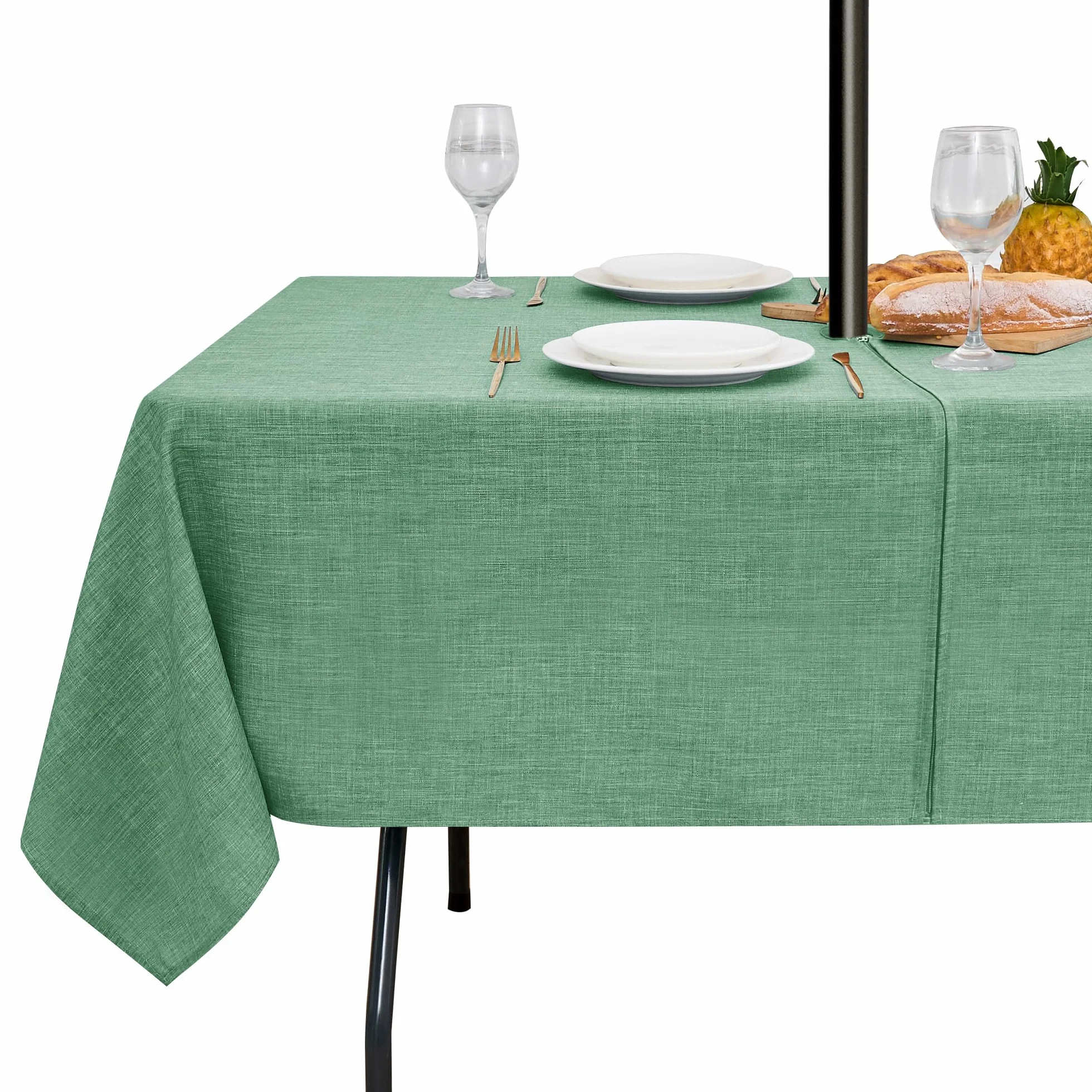 LUSHVIDA Mantel para Exteriores con Agujero para Paraguas, Mantel Rectangular con Cremallera, 152 x 213 cm, Lino sintético Verde Salvia, Resistente al Agua, para Picnic al Aire Libre