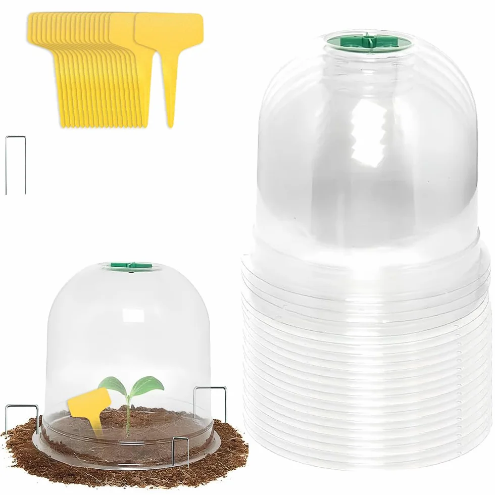 Campanas para Plantas de Jardín, 20 Piezas Campana de Planta de Plástico, Reutilizable Mini Invernadero Reutilizable Cubierta con 20 Etiquetas y 60 Clavijas de Seguridad para Protección Plantas