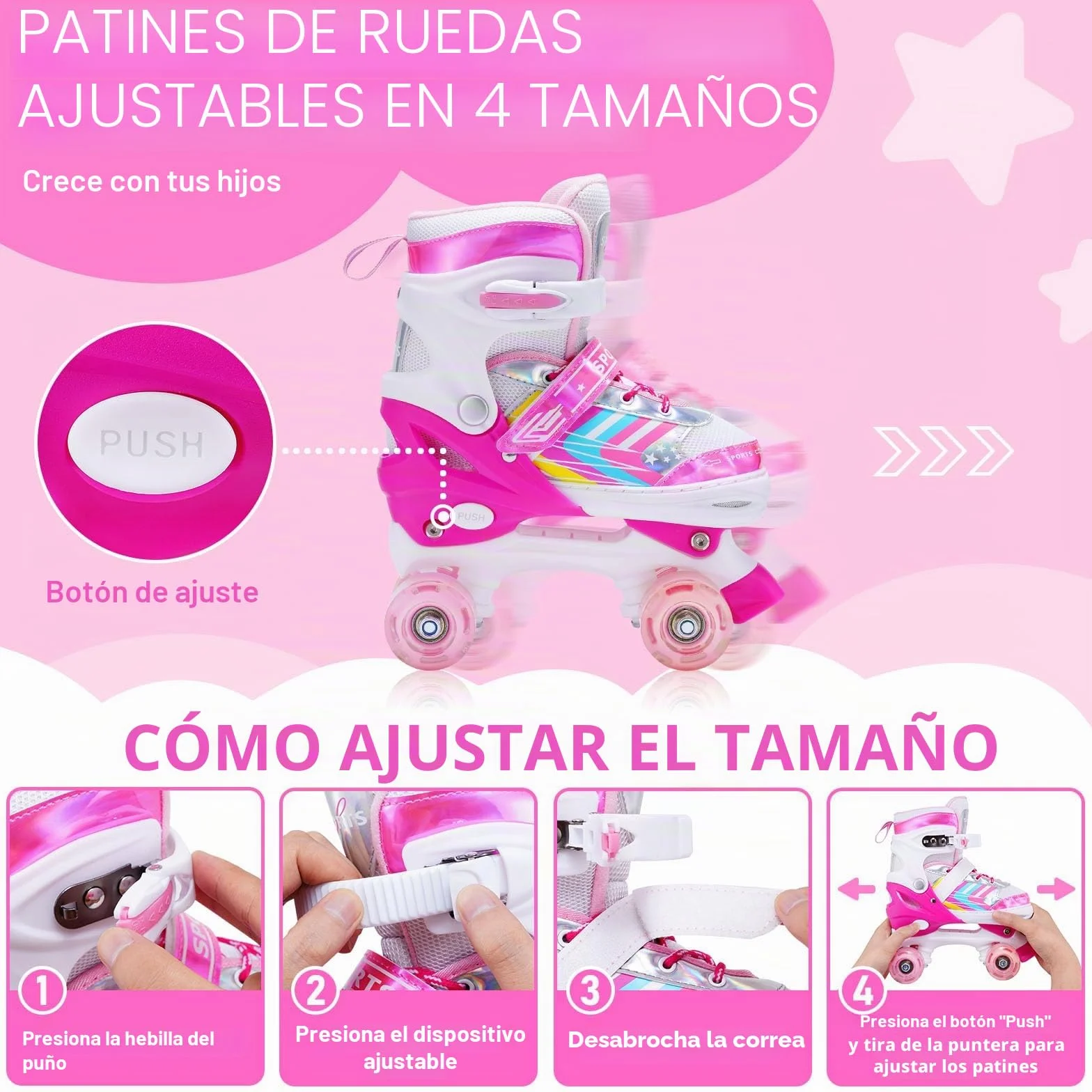 Patines 4 Ruedas Niña Niño Ajustables con Ruedas de iluminación Roller Quad Principiantes