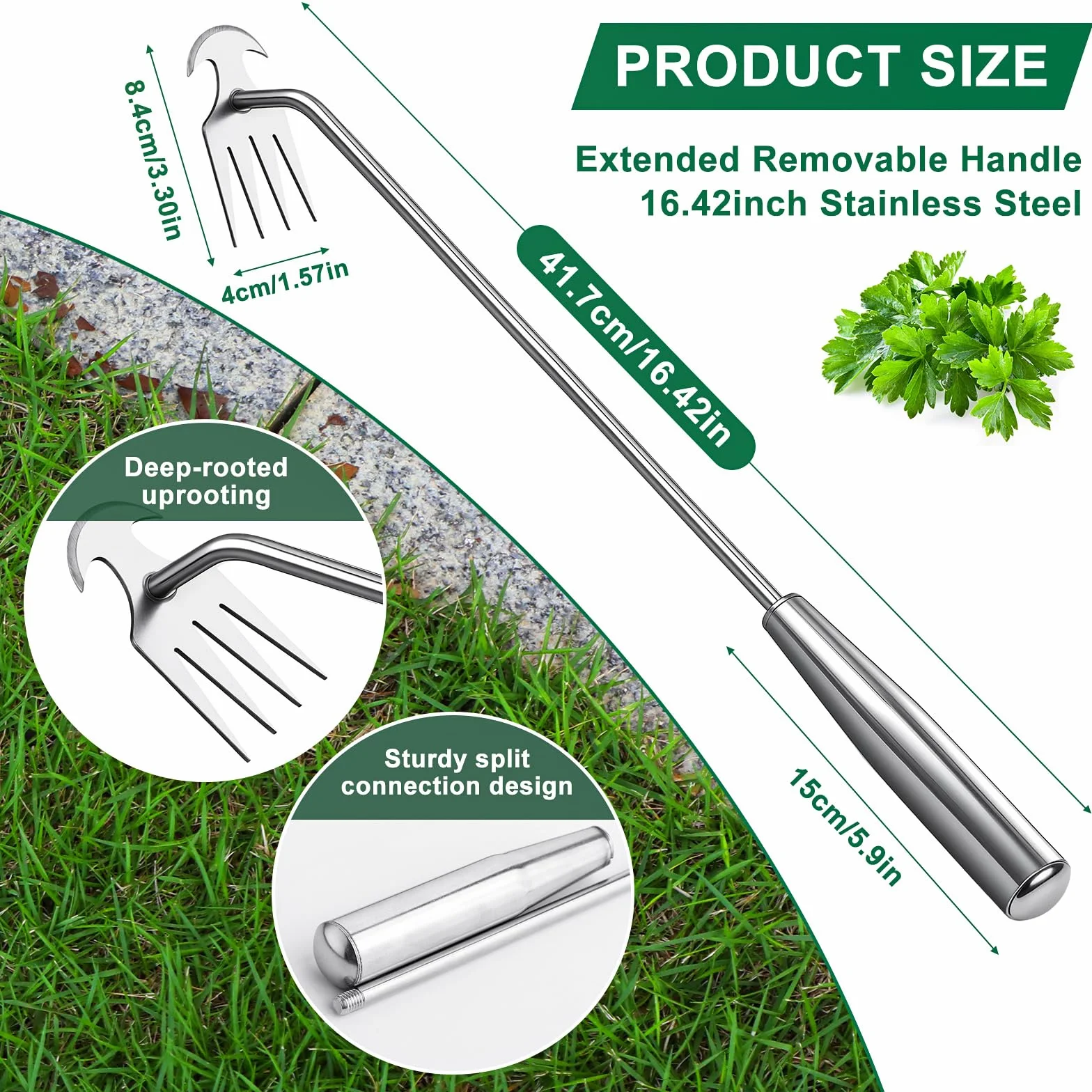 Hand Weeder Tool, Stainless Steel Handle Manual Weeder Tool, Pull Up Weeder Tool, Weed Discharge Tool, 4-Tooth Weeder Tool, Weeder Tool for Gardening 16inch