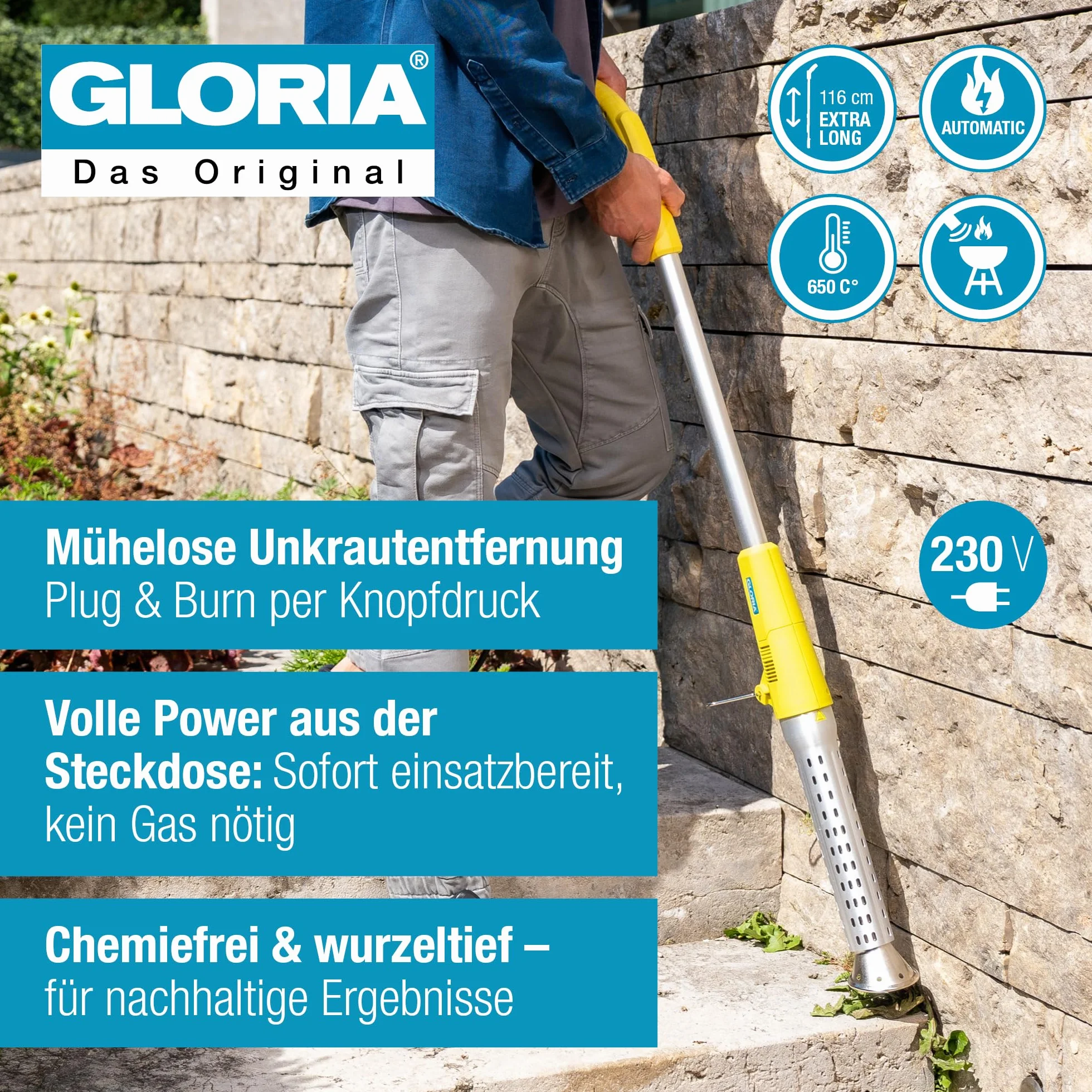 Gloria Thermoflamm BIO Electro - Quita Hierbas, Exterminador de Malas Hierbas Eléctrico, Quemador Herbicida Ecológico, Encendedor de Barbacoa, 2000W, Chorro Térmico de 650°C, Aire Caliente 230V