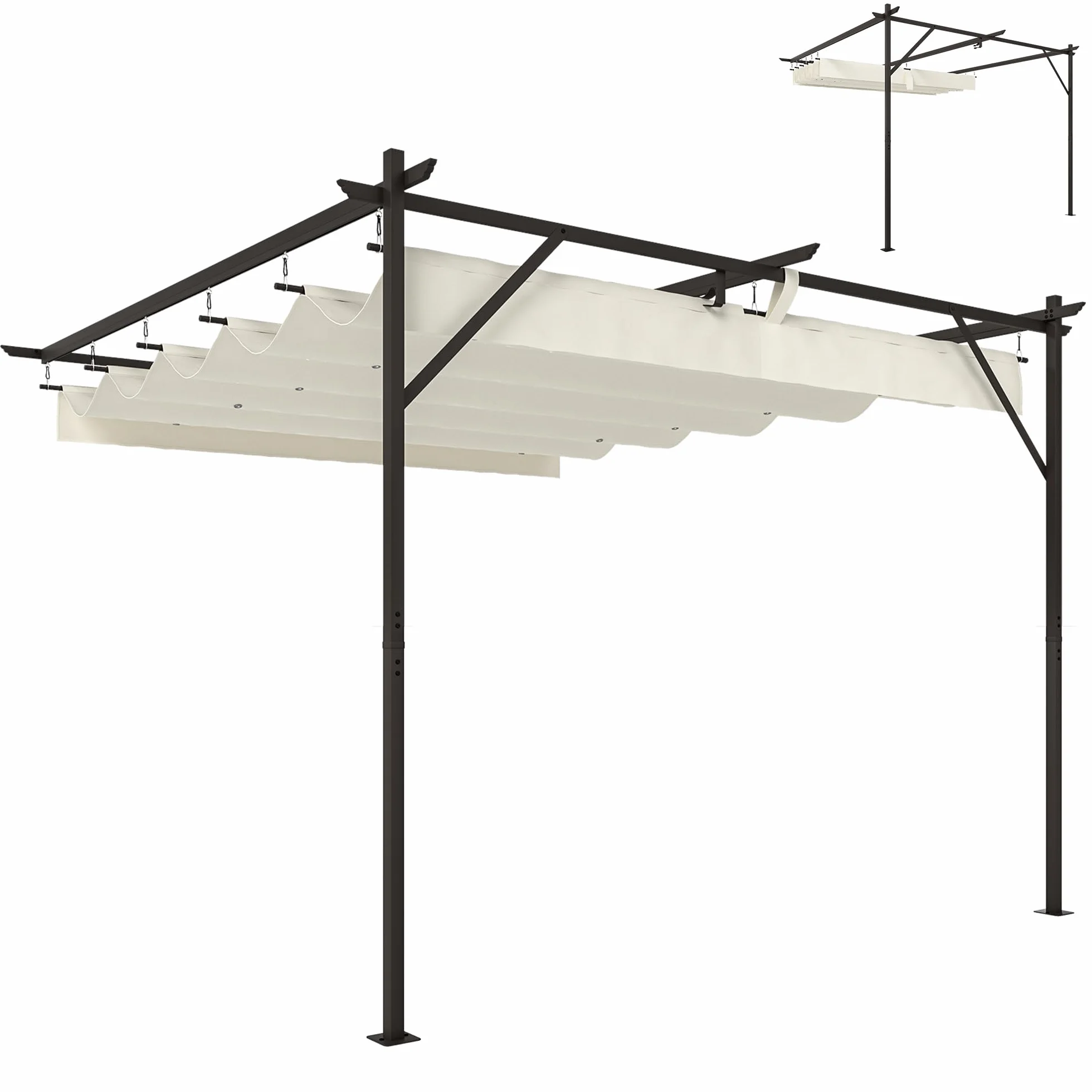 Outsunny Pérgola de Pared de Jardín 3x3 m, Cenador de Jardín con Techo Retráctil, Protección UPF30+, Orificios de Drenaje y Estructura Metálica, Pabellón para Patio, Terraza, Exterior, Blanco Crema