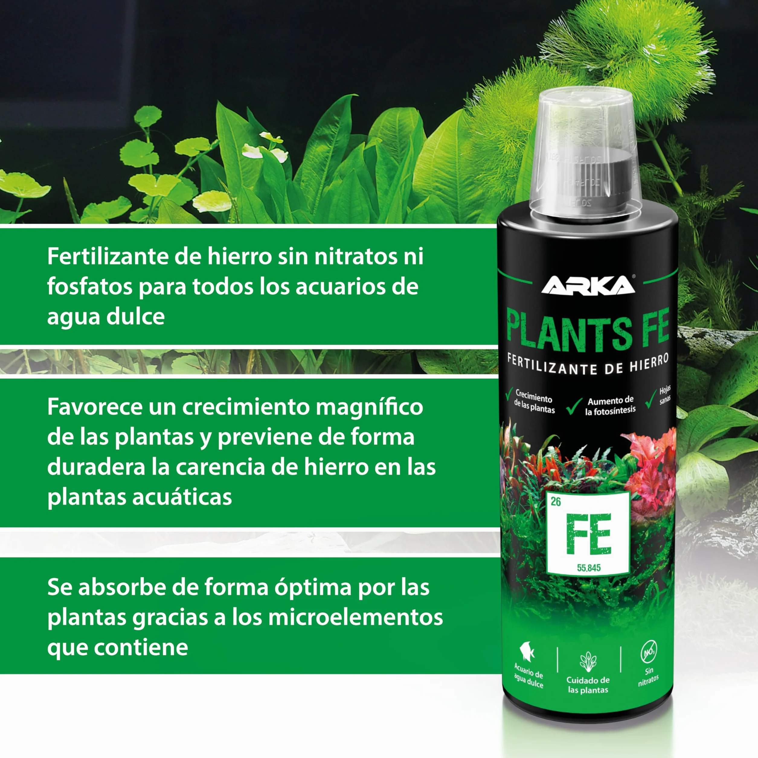 Abono de Hierro Acuario 473 ml – ARKA Plants FE – Fertilizante semanal contra Hojas Amarillas – para Plantas Verdes y sanas – sin nitratos ni fosfatos – Ideal Acuario plantado de Agua Dulce
