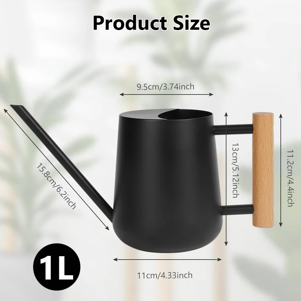 OFFCUP 35oz 1L Regadera Pequeña, Regadera de Acero Inoxidable para Jardín, Regadera con Caño Largo y Cómodo Mango de Madera, Regadera para Plantas, para Vivienda Exteriores Interior (Negro)
