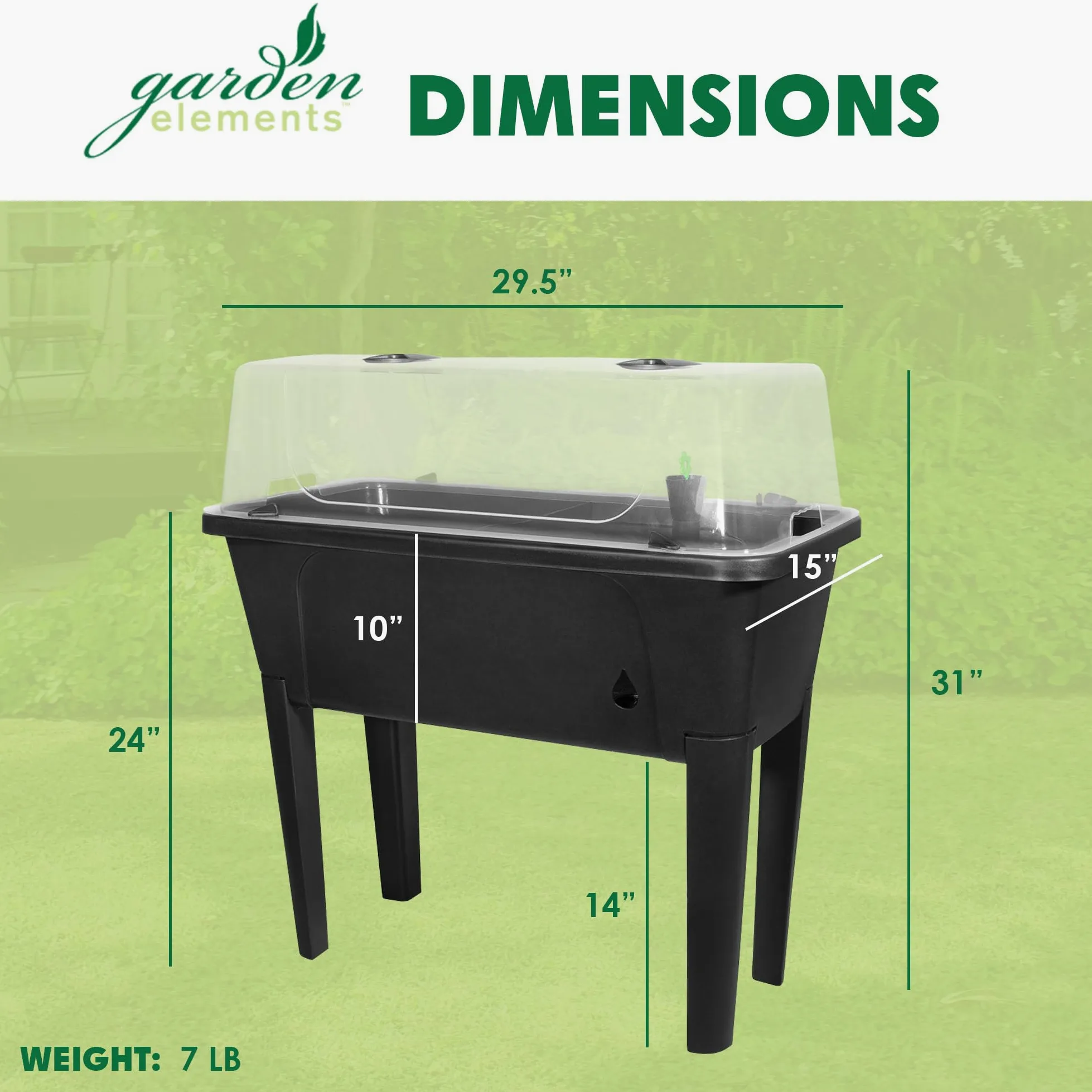 Garden Elements Cama de jardín elevada negra de 29.5 x 15 pulgadas, maceta de riego automático con cúpula de cultivo ventilada para verduras, hierbas y semillas en interiores y exteriores